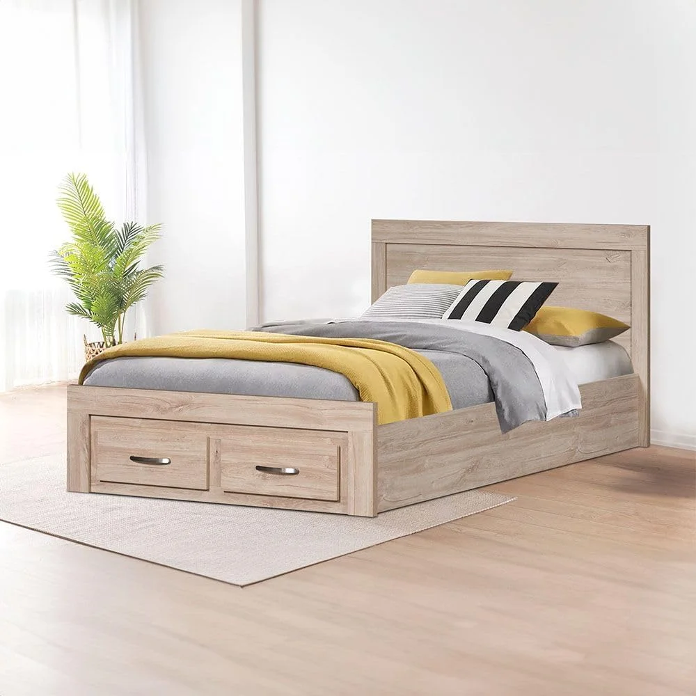 تخت یک نفره 120x200 دانوب هوم بولیوار با 2 کشو در قسمت جلویی | طراحی مدرن و مستحکم، مبلمان تخت خواب یک نفره چوبی | تخت خواب های آرام و راحت، ابعاد: طول 207 x عرض 132 x ارتفاع 90 سانتی متر - بلوط کهنه