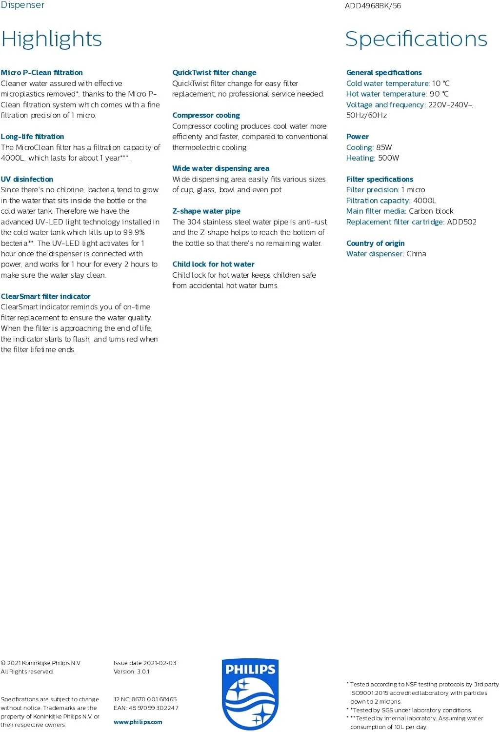 آبسردکن فیلیپس با بارگیری از پایین، رنگ مشکی - ADD4968BK/56 - با فیلتراسیون Micro P-Clean و UV آبسردکن فیلیپس با بارگیری از پایین، رنگ مشکی - ADD4968BK/56 - با فیلتراسیون Micro P-Clean و UV