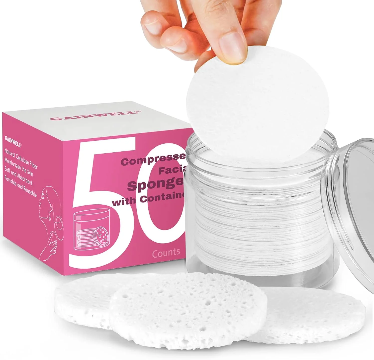 پدهای فشرده صورت GAINWELL، بسته 50 عددی به همراه محفظه نگهداری، برای پاکسازی صورت، پاک کننده آرایش چند بار مصرف، قابل حمل، مناسب برای مسافرت، سفید