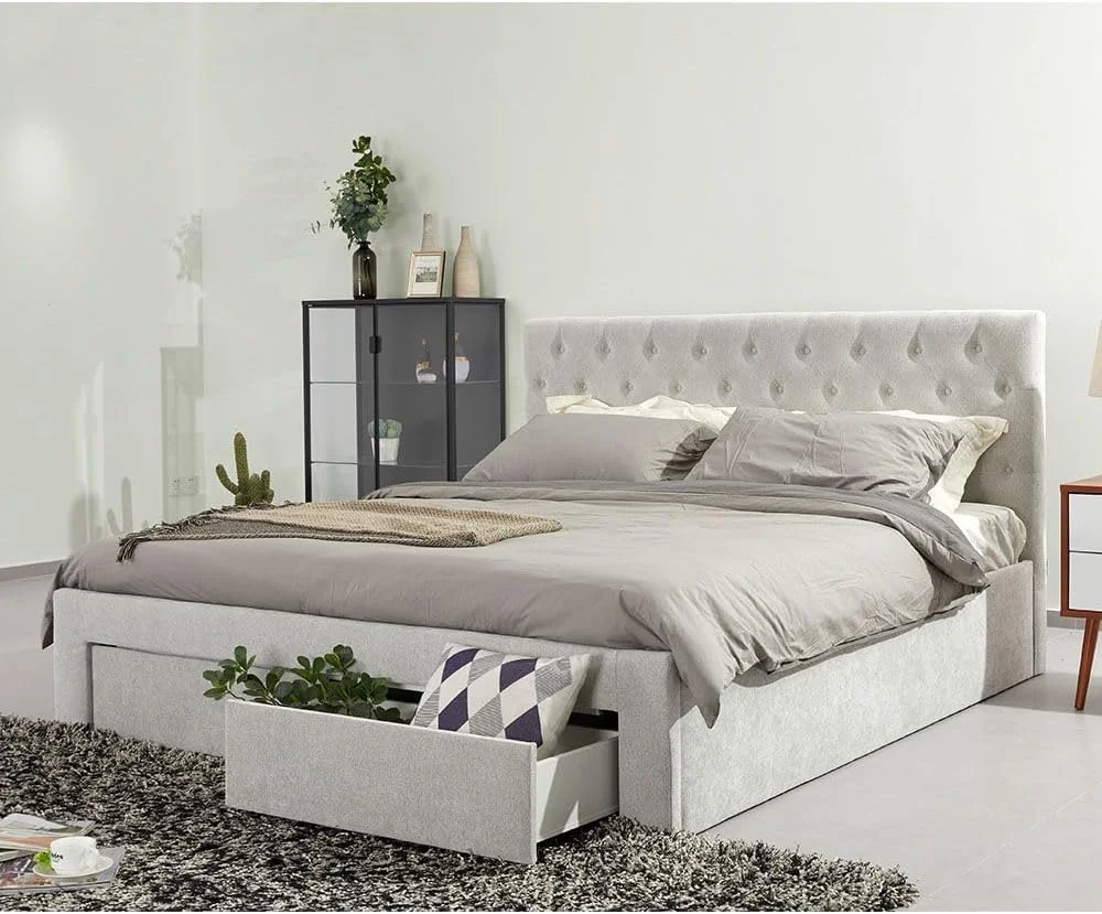 تخت خواب دو نفره کینگ دانوب هوم مدل Bacia با ابعاد 180X200 به همراه 2 کشو در قسمت جلویی | طراحی مدرن و مقاوم، ساخته شده از چوب | تخت خوابی آرام و راحت با ابعاد 218x191x111 سانتی متر - خاکستری روشن