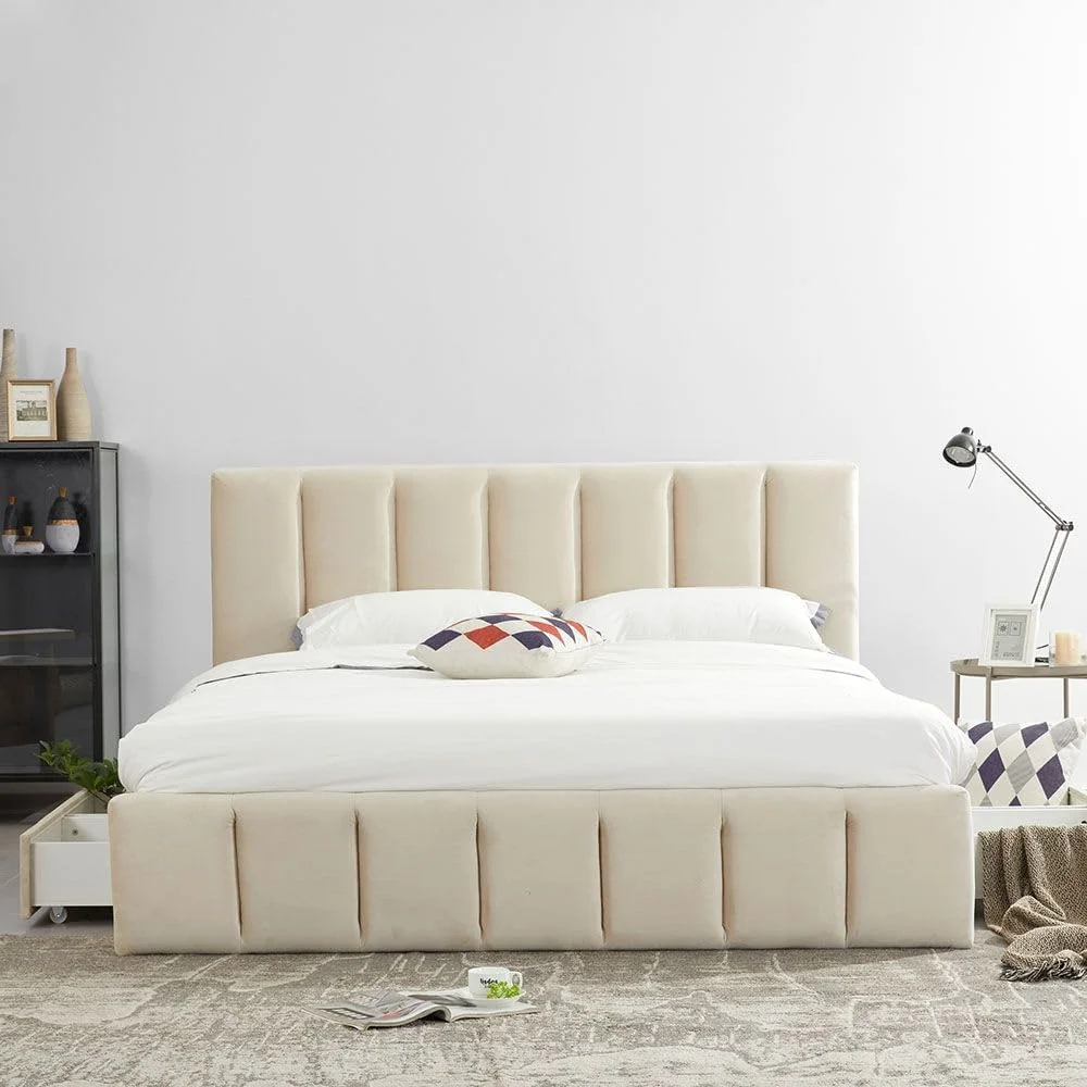 تخت خواب دو نفره دانوب هوم ویستا سایز کوئین 150x200 با 4 کشو | طراحی مدرن و مستحکم، مبلمان قاب تخت خواب چوبی | تخت خواب های آرام و راحت، ابعاد 220x161x111 سانتی متر - بژ روشن