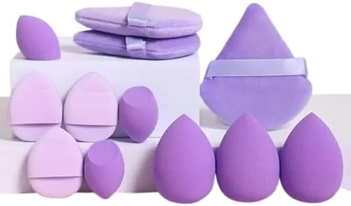 ست اسفنج آرایشی، 12 تکه: 3 پد پودر، 3 پد مینی ایر کوشن، 3 بیوتی بلندر، 3 مینی بیوتی بلندر (بنفش توانا)