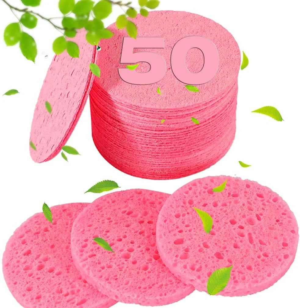 اسفنج فشرده صورت METUUTER بسته 50 عددی مناسب متخصصان پوست - اسفنج های سلولزی 100% طبیعی و حرفه ای برای پاکسازی صورت، ماساژ، لایه برداری منافذ، ماسک و پاک کردن آرایش (صورتی)