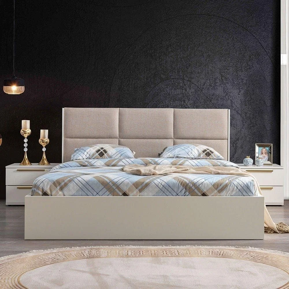 Danube Home V2 Serenity 180x200 King Bed | Sturdy Modern Design Wooden Double Bed Frame Furniture | Quiet & Comfortable Beds L193xW218xH107cm - Mud Cream/Golden