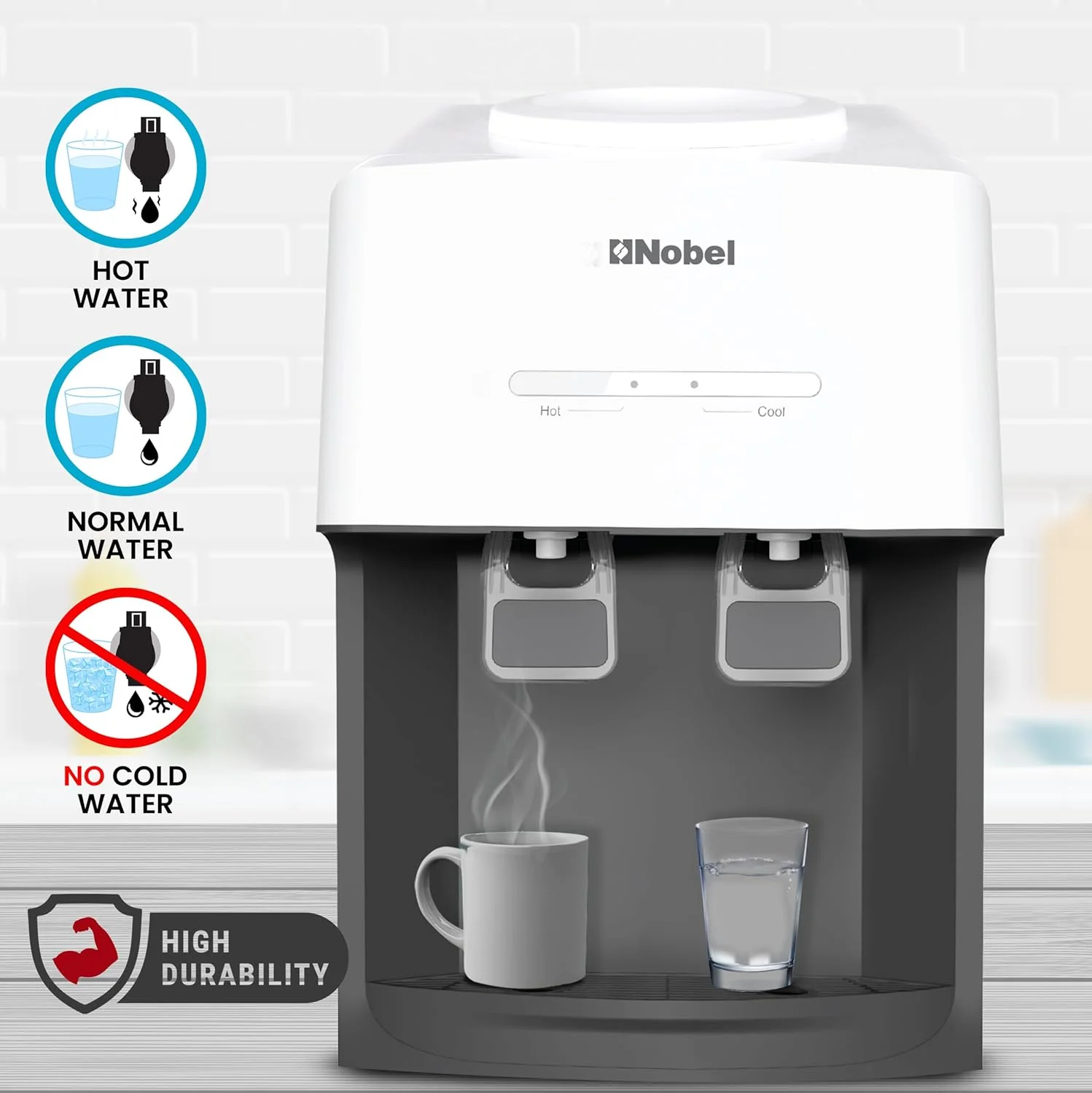 آبسردکن رومیزی نوبل: طراحی شیک با دو خروجی آب گرم و معمولی، مخزن آب گرم 0.6 لیتری، ظرفیت گرمایش 4.0 لیتر در ساعت و ویژگی های ارگونومیک مدل NWD575 آب سرد ندارد. فقط آب گرم / معمولی