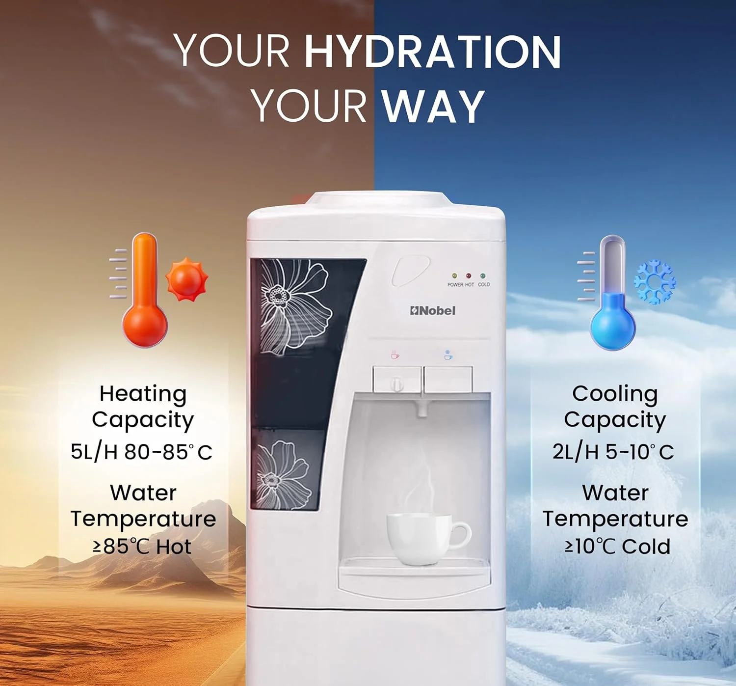 آبسردکن ایستاده نوبل مدل NWD1609 با توان 550 وات، دارای آب گرم و سرد، ظرفیت 5 لیتر آب گرم و 2 لیتر آب سرد در ساعت، کابینت ذخیره سازی، سیستم خنک کننده کمپرسور و سیستم گرمایشی