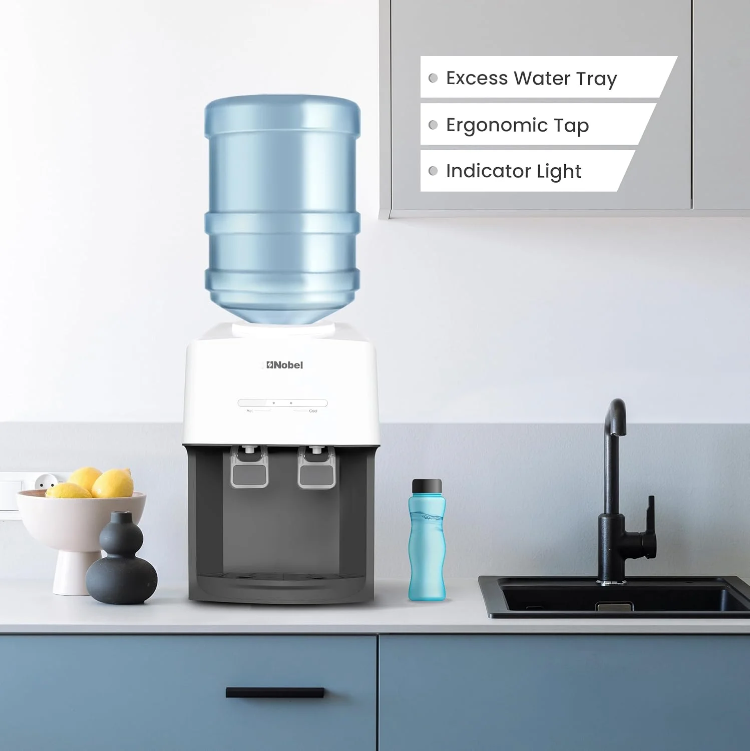 آبسردکن رومیزی نوبل: طراحی شیک با دو خروجی آب گرم و معمولی، مخزن آب گرم 0.6 لیتری، ظرفیت گرمایش 4.0 لیتر در ساعت و ویژگی های ارگونومیک مدل NWD575 آب سرد ندارد. فقط آب گرم / معمولی