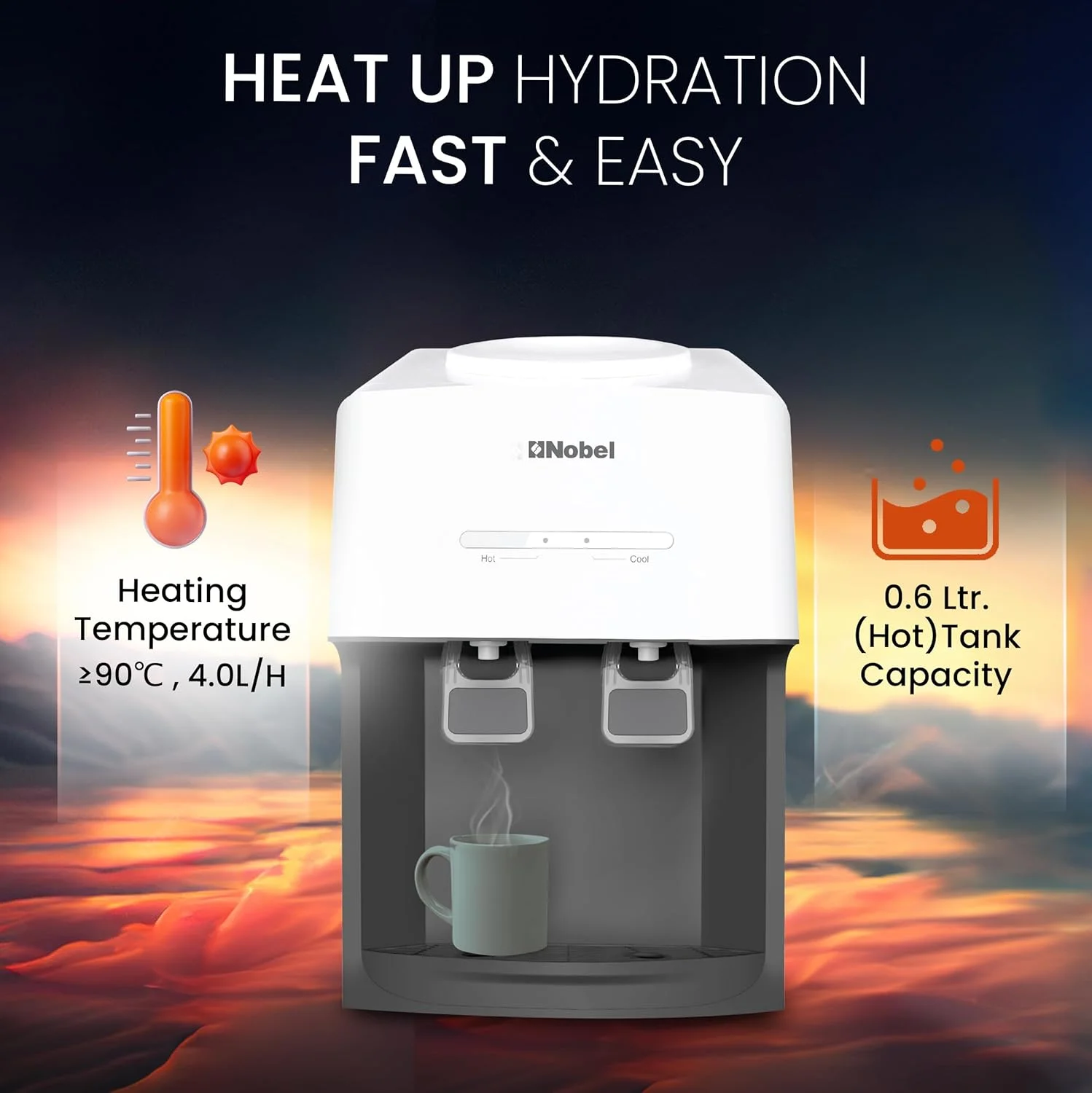 آبسردکن رومیزی نوبل: طراحی شیک با دو خروجی آب گرم و معمولی، مخزن آب گرم 0.6 لیتری، ظرفیت گرمایش 4.0 لیتر در ساعت و ویژگی های ارگونومیک مدل NWD575 آب سرد ندارد. فقط آب گرم / معمولی