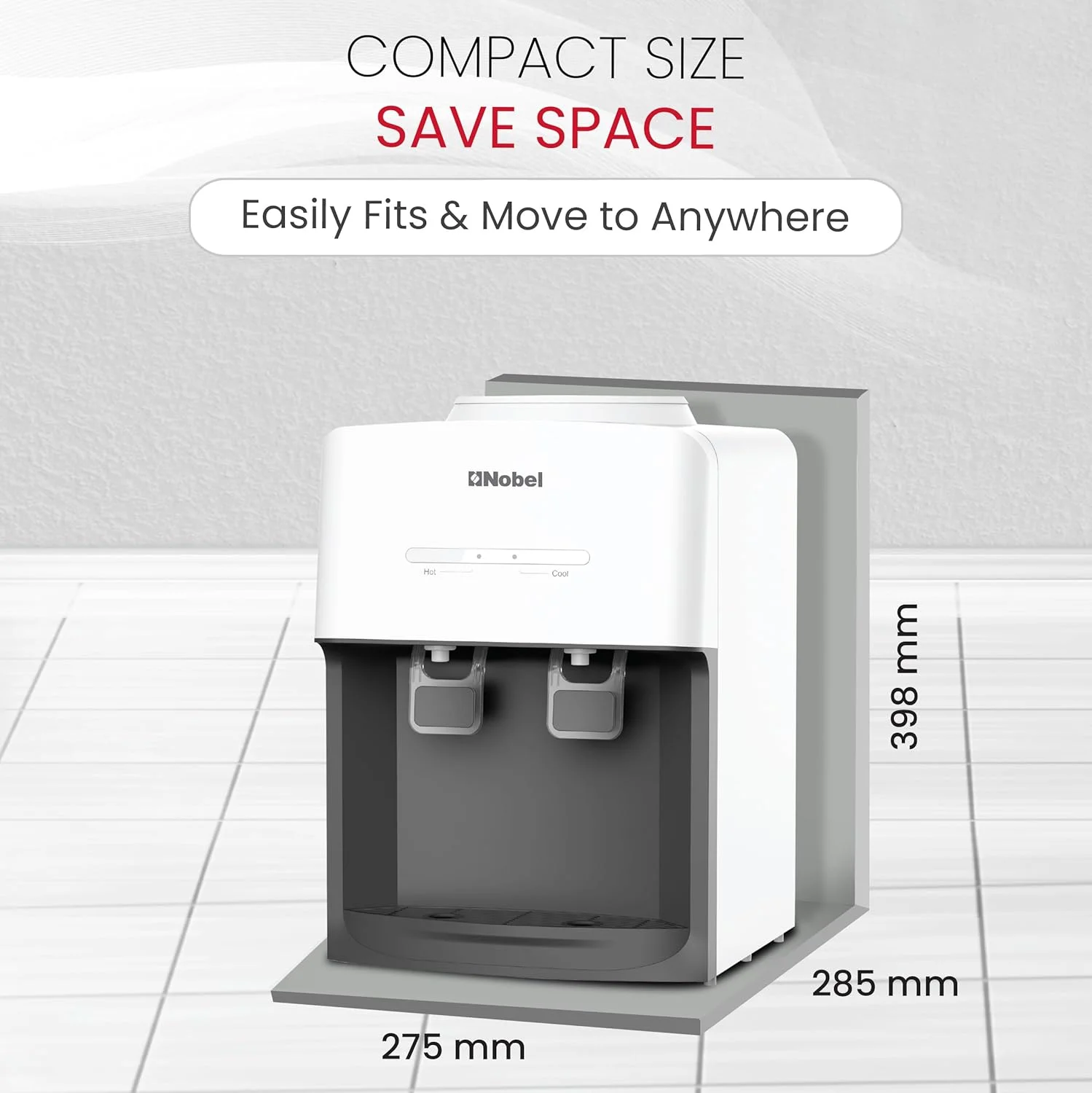 آبسردکن رومیزی نوبل: طراحی شیک با دو خروجی آب گرم و معمولی، مخزن آب گرم 0.6 لیتری، ظرفیت گرمایش 4.0 لیتر در ساعت و ویژگی های ارگونومیک مدل NWD575 آب سرد ندارد. فقط آب گرم / معمولی