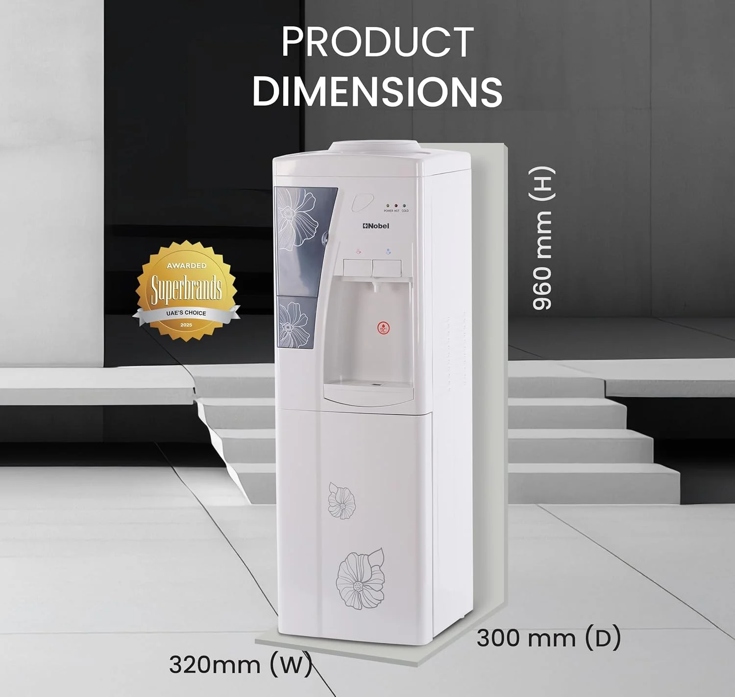 آبسردکن ایستاده نوبل مدل NWD1609 با توان 550 وات، دارای آب گرم و سرد، ظرفیت 5 لیتر آب گرم و 2 لیتر آب سرد در ساعت، کابینت ذخیره سازی، سیستم خنک کننده کمپرسور و سیستم گرمایشی