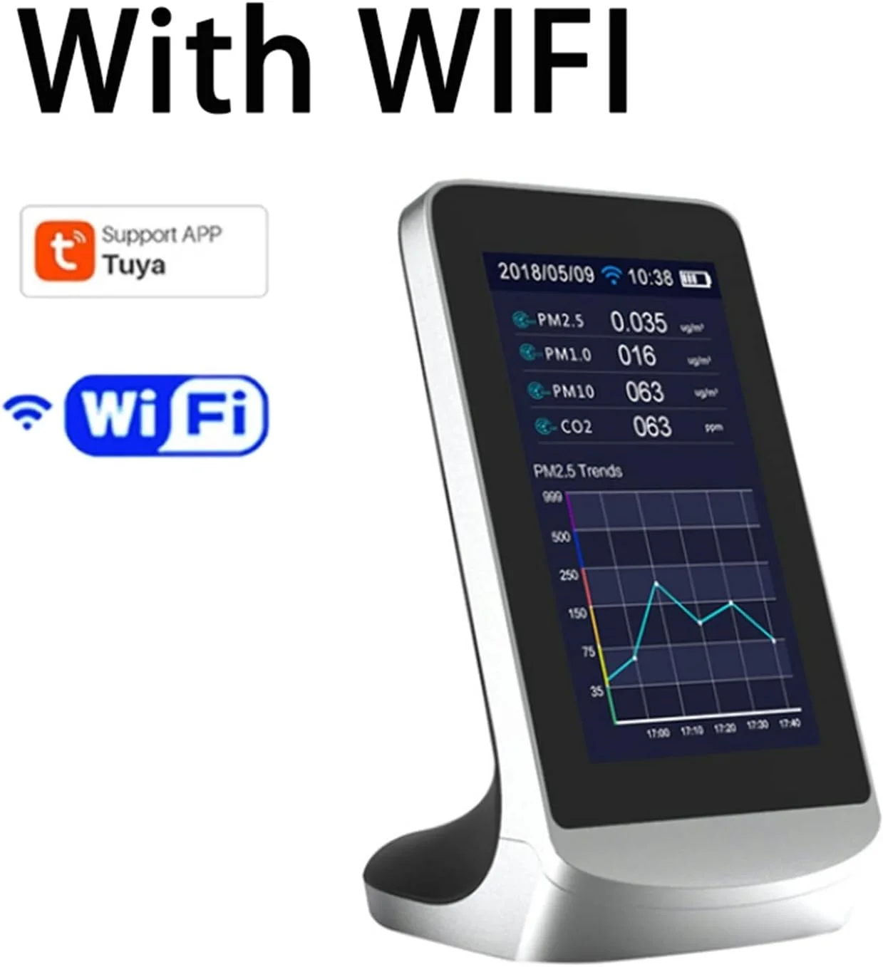 سنسور تشخیص نشت گاز چندگانه AJWYSOI، ردیاب هوای چند منظوره CO2 WIFI داخلی، مانیتور کیفیت گاز TVOC، متر دی اکسید کربن CO2، آنالایزر USB با دقت و حساسیت بالا (Dm72 با Wifi)