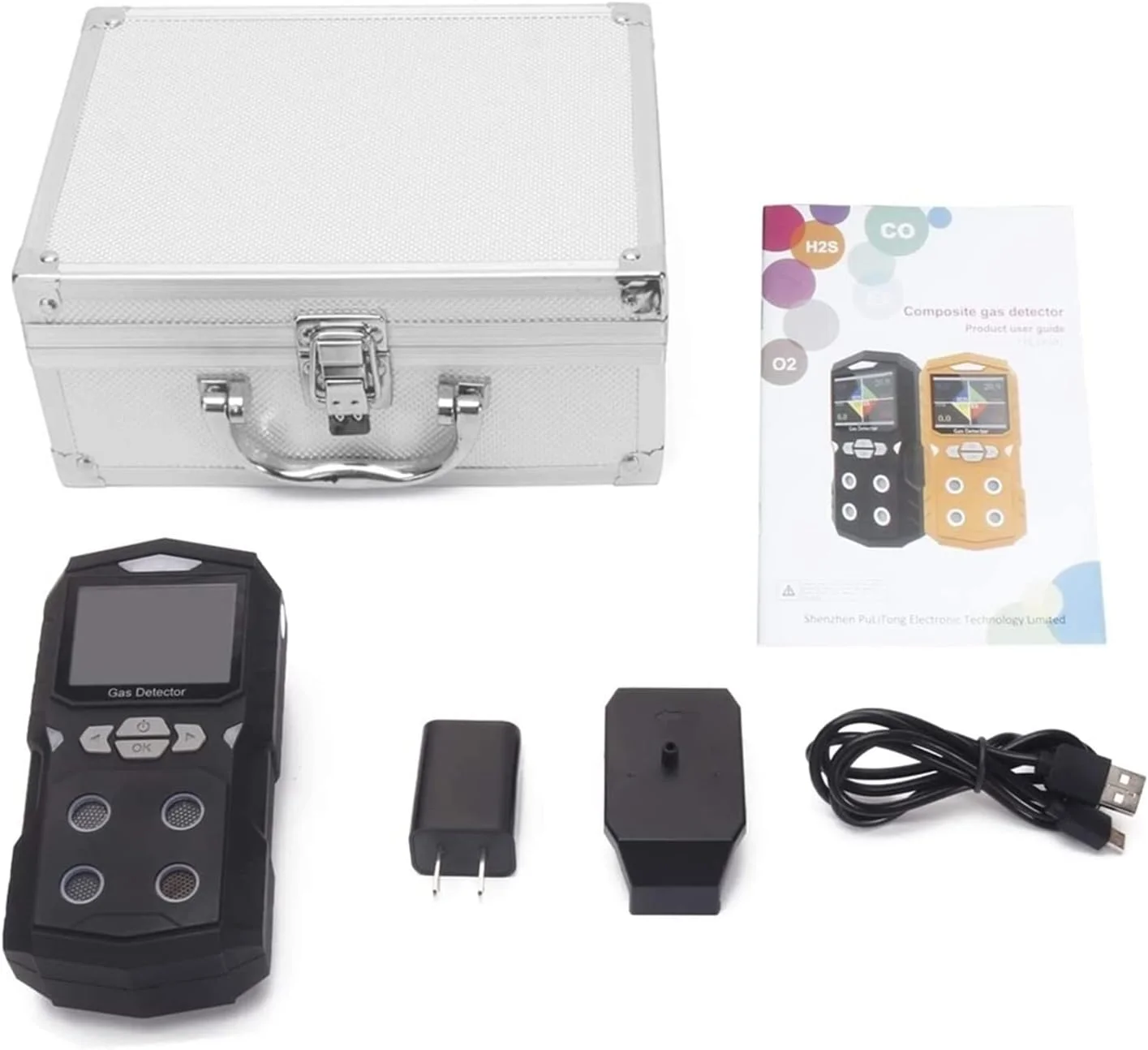 سنسور نشت گاز چندگانه 4 در 1، آشکارساز گاز، آنالایزر گاز، مانیتور گاز چندگانه قابل حمل، صفحه نمایش رنگی با نمودار، باتری قابل شارژ، آلارم نور صدا، دقت و حساسیت بالا (مشکی)