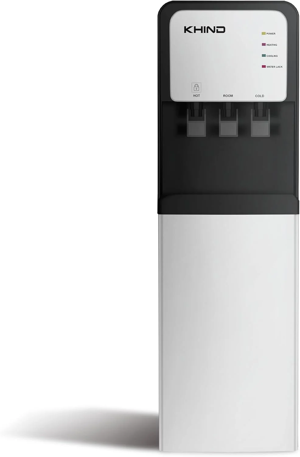 آبسردکن ایستاده 7 لیتری KHIND با پمپ مکش خودکار، خروجی آب گرم، معمولی و سرد، بارگیری از پایین، قفل کودک، چراغ های نشانگر هوشمند، مشکی - مدل WD-3BP - ساخت چین