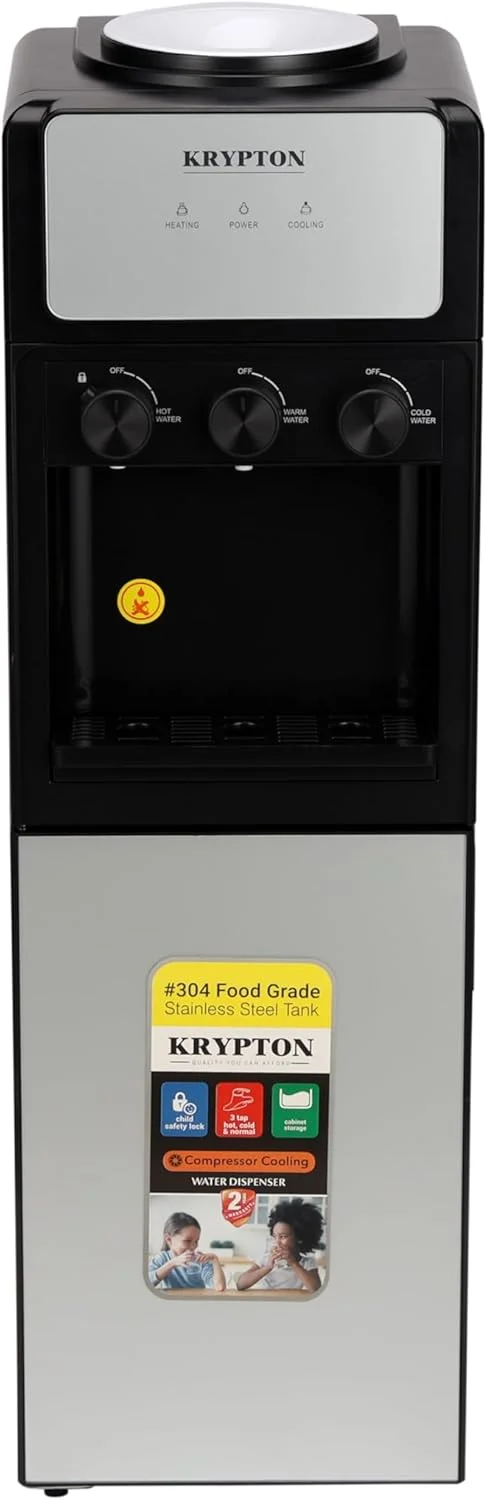 آبسردکن ایستاده کرپتون با کابینت | عملکرد آب معمولی، گرم و سرد، خنک کننده کمپرسور، 3 شیر با سیستم ایمنی، قفل کودک | ایده آل برای خانه و محل کار | KNWD6453