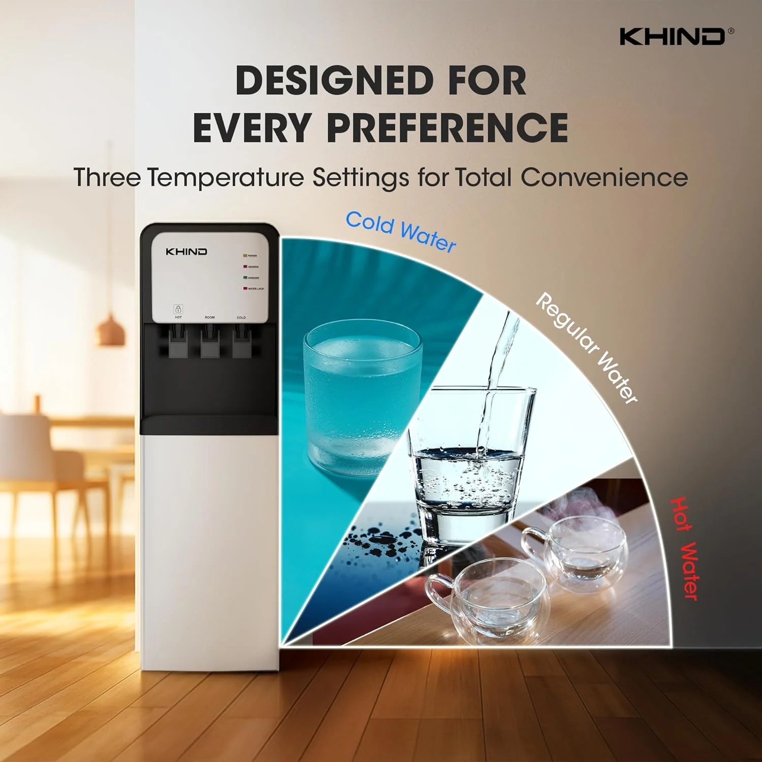 آبسردکن ایستاده 7 لیتری KHIND با پمپ مکش خودکار، خروجی آب گرم، معمولی و سرد، بارگیری از پایین، قفل کودک، چراغ های نشانگر هوشمند، مشکی - مدل WD-3BP - ساخت چین آبسردکن ایستاده 7 لیتری KHIND با پمپ مکش خودکار، خروجی آب گرم، معمولی و سرد، بارگیری از پایین، قفل کودک، چراغ های نشانگر هوشمند، مشکی - مدل WD-3BP - ساخت چین