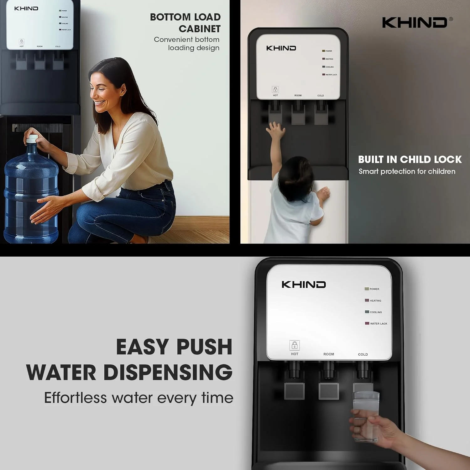 آبسردکن ایستاده 7 لیتری KHIND با پمپ مکش خودکار، خروجی آب گرم، معمولی و سرد، بارگیری از پایین، قفل کودک، چراغ های نشانگر هوشمند، مشکی - مدل WD-3BP - ساخت چین آبسردکن ایستاده 7 لیتری KHIND با پمپ مکش خودکار، خروجی آب گرم، معمولی و سرد، بارگیری از پایین، قفل کودک، چراغ های نشانگر هوشمند، مشکی - مدل WD-3BP - ساخت چین