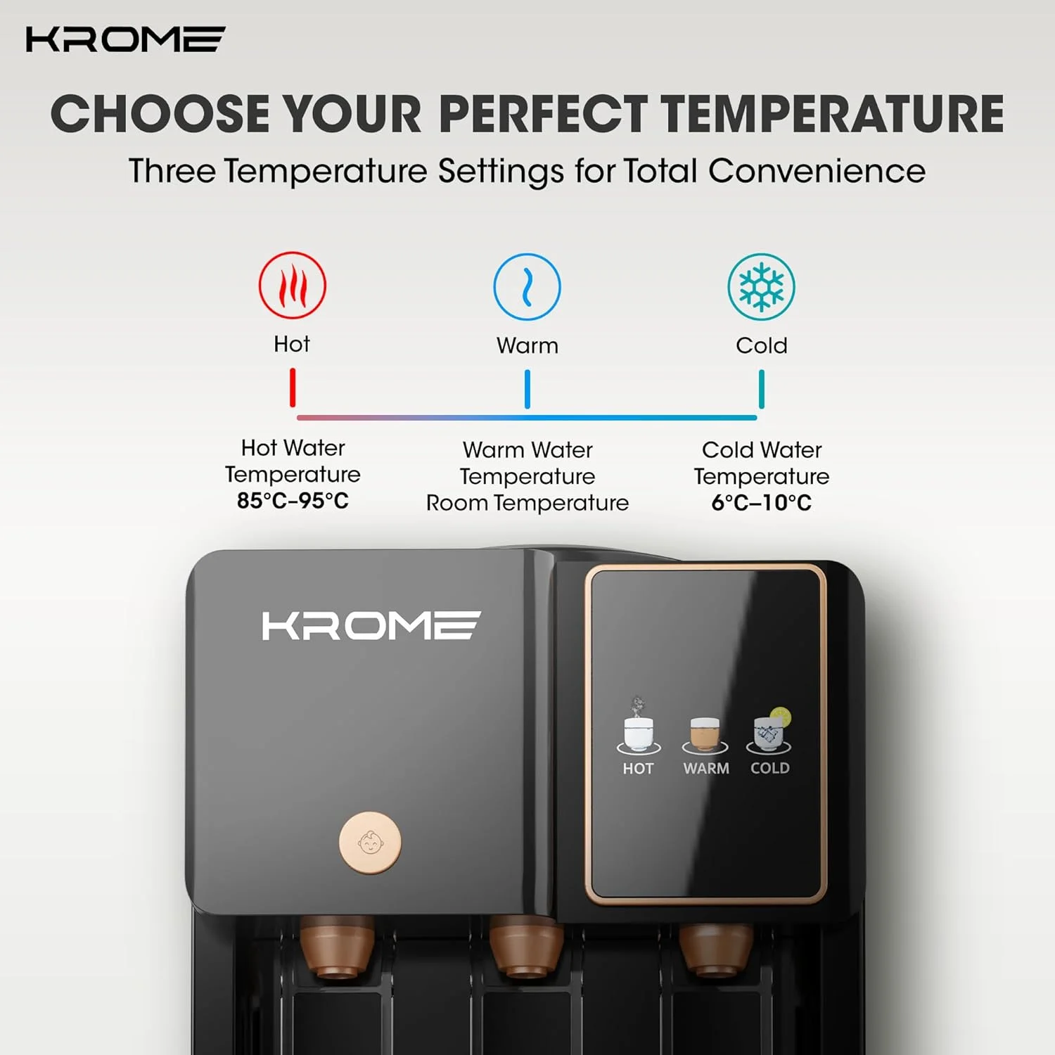 آبسردکن کروم، آب گرم، سرد و معمولی، خنک کننده کمپرسور، قفل ایمنی کودک، مخازن استیل ضد زنگ، گرمایش 500 وات، سرمایش 90 وات، کابینت ذخیره سازی | ایده آل برای استفاده در منزل و محل کار I KR-WTL3TGB