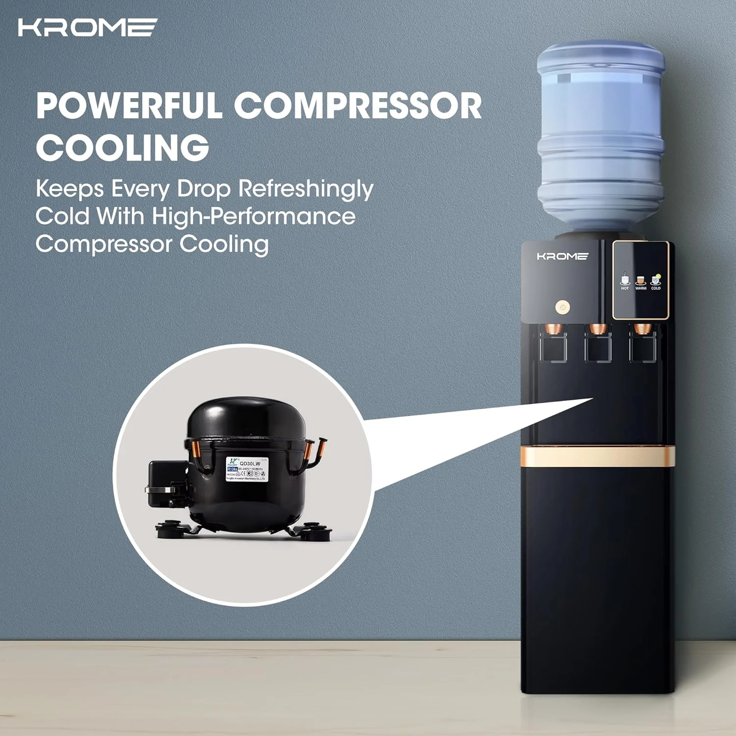 آبسردکن کروم، آب گرم، سرد و معمولی، خنک کننده کمپرسور، قفل ایمنی کودک، مخازن استیل ضد زنگ، گرمایش 500 وات، سرمایش 90 وات، کابینت ذخیره سازی | ایده آل برای استفاده در منزل و محل کار I KR-WTL3TGB
