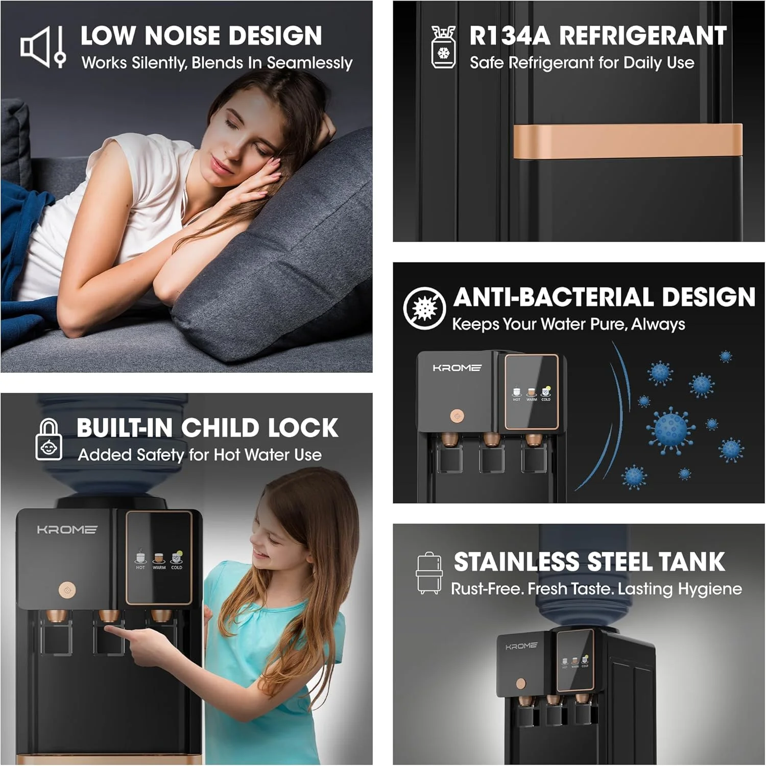 آبسردکن کروم، آب گرم، سرد و معمولی، خنک کننده کمپرسور، قفل ایمنی کودک، مخازن استیل ضد زنگ، گرمایش 500 وات، سرمایش 90 وات، کابینت ذخیره سازی | ایده آل برای استفاده در منزل و محل کار I KR-WTL3TGB