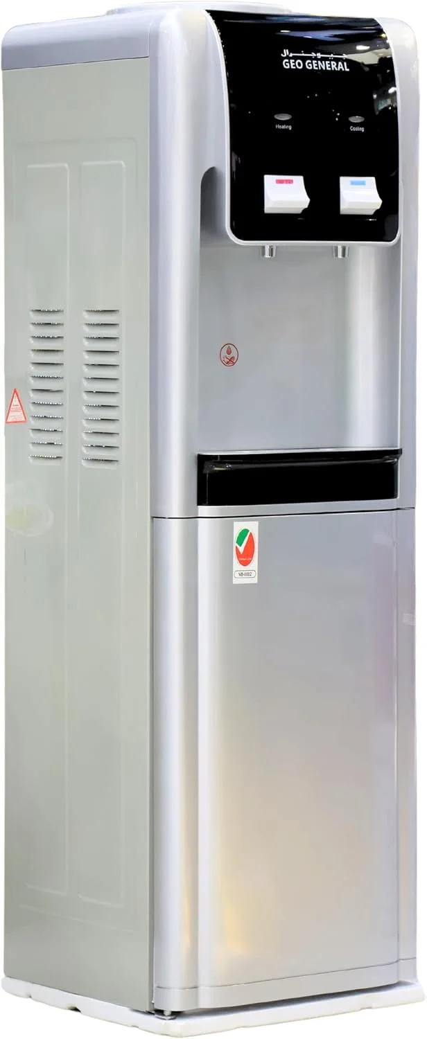آبسردکن و گرم‌کن جنرال جئو مدل GSM-98LB، دو شیر، آب گرم و سرد، 5 لیتر در ساعت آب گرم، 2 لیتر در ساعت آب سرد، توان گرمایشی 550 وات، توان سرمایشی 90 وات، دو شیر به همراه کابینت، مشکی و نقره‌ای
