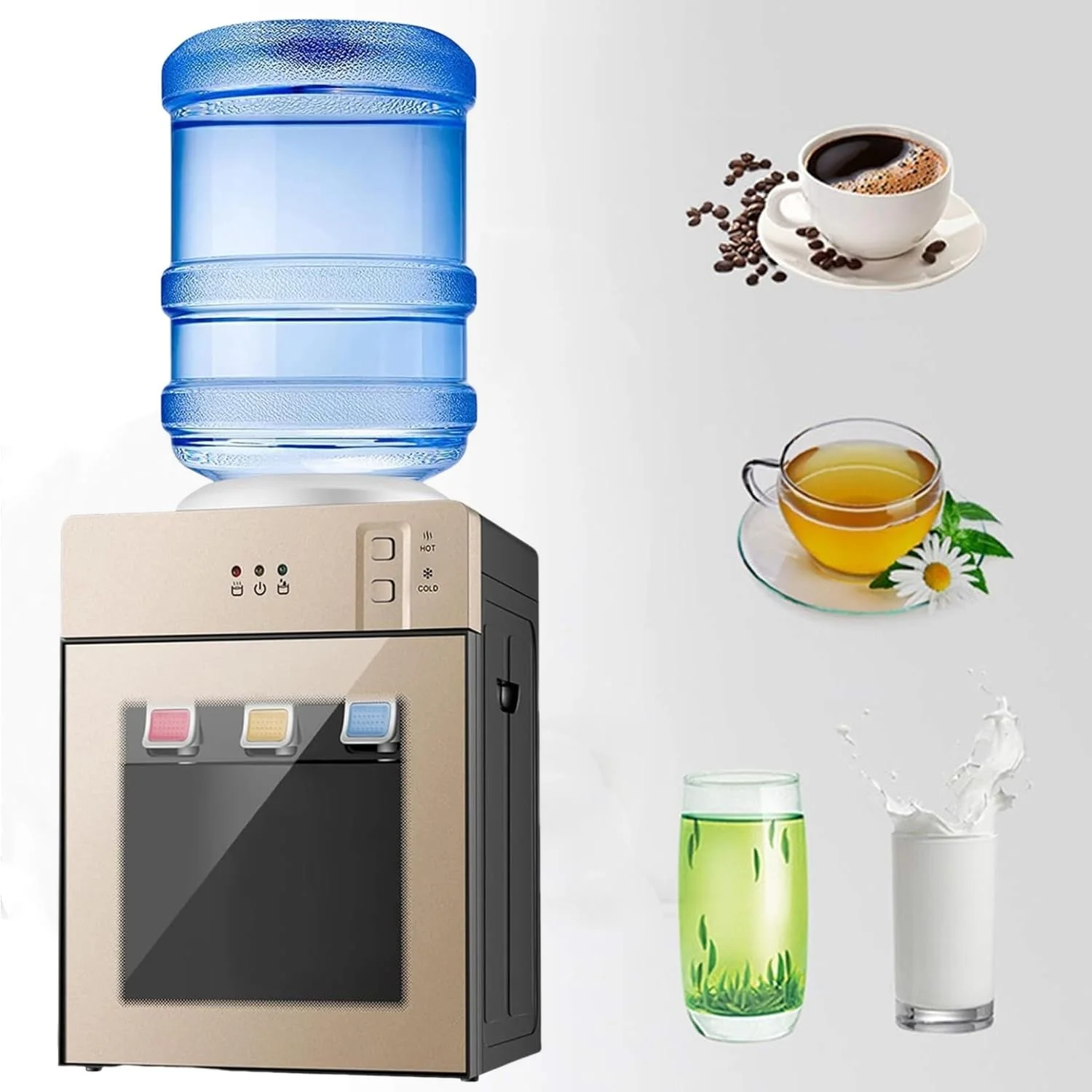 آبسردکن رومیزی Beauenty، مناسب برای بطری های 3 یا 5 گالن، آبسردکن با بارگیری از بالا، دارای 3 تنظیمات دما آب سرد و گرم، مناسب برای خانه، دفتر، خوابگاه (طلایی) آبسردکن رومیزی Beauenty، مناسب برای بطری های 3 یا 5 گالن، آبسردکن با بارگیری از بالا، دارای 3 تنظیمات دما آب سرد و گرم، مناسب برای خانه، دفتر، خوابگاه (طلایی)