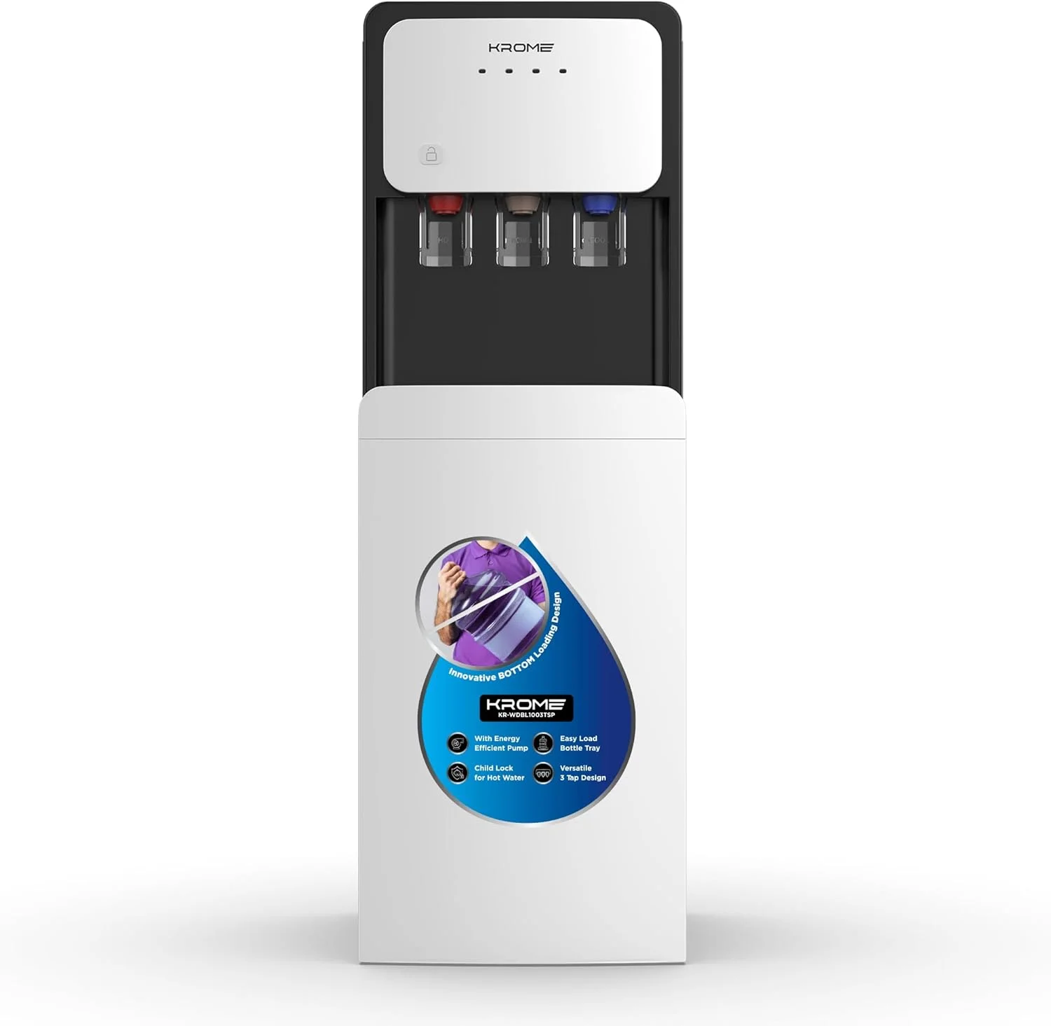 KROME Bottom-Loading Water Dispenser, Hot, Cold & Warm Water, Child Safety Lock, Stainless Steel Tanks, 3L Cooling & 5L Heating Capacity, LED Indicators, KR-WDBL1003TSP KROME Bottom-Loading Water Dispenser, Hot, Cold & Warm Water, Child Safety Lock, Stainless Steel Tanks, 3L Cooling & 5L Heating Capacity, LED Indicators, KR-WDBL1003TSP