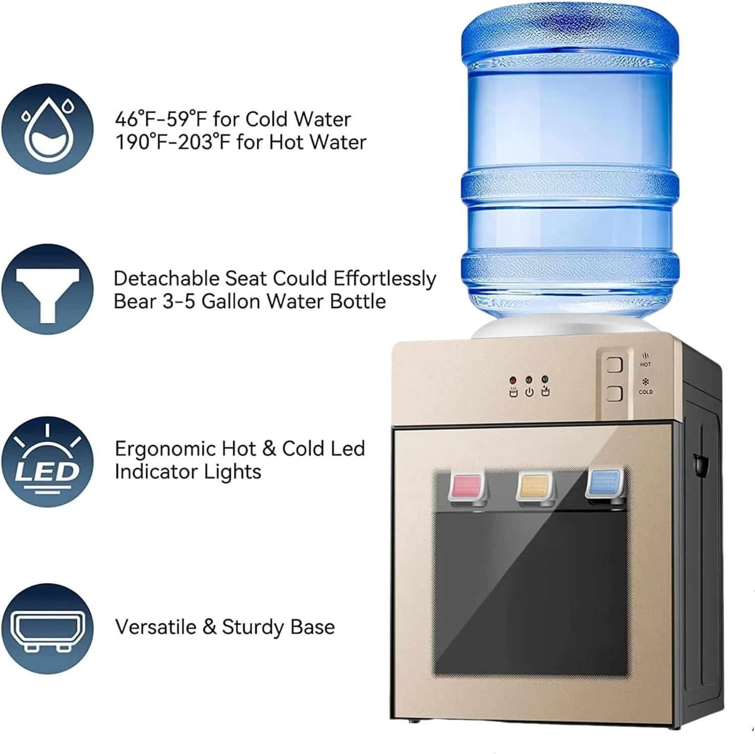 آبسردکن رومیزی Beauenty، مناسب برای بطری های 3 یا 5 گالن، آبسردکن با بارگیری از بالا، دارای 3 تنظیمات دما آب سرد و گرم، مناسب برای خانه، دفتر، خوابگاه (طلایی) آبسردکن رومیزی Beauenty، مناسب برای بطری های 3 یا 5 گالن، آبسردکن با بارگیری از بالا، دارای 3 تنظیمات دما آب سرد و گرم، مناسب برای خانه، دفتر، خوابگاه (طلایی)