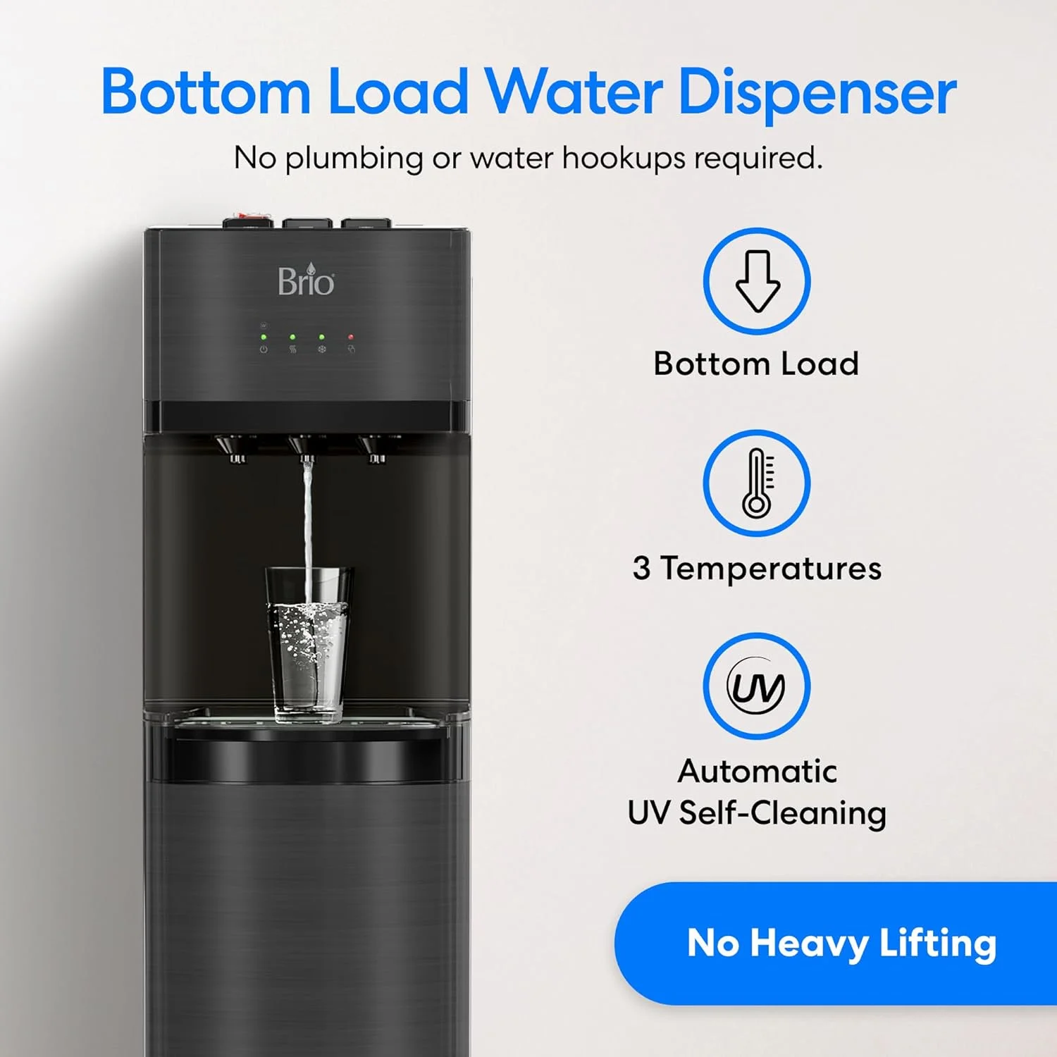 Brio Self Cleaning Bottom Loading Water Cooler Water Dispenser Black Stainless Steel 3 Temperature Settings Hot, Room & Cold Water UL/Energy Star Approved, CLBL520SCBLK