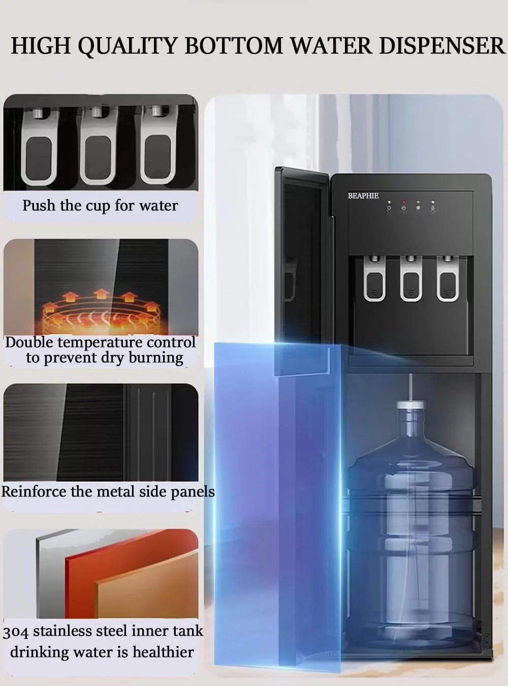 آبسردکن ایستاده بیفی با بارگیری از پایین، آب سرد 6-8 درجه سانتیگراد، کمپرسور خنک کننده با دمای گرم و نرمال، دارای 3 خروجی دما، مناسب برای بطری های 3 و 5 گالنی، برای خانه، دفتر، اتاق نشیمن آبسردکن ایستاده بیفی با بارگیری از پایین، آب سرد 6-8 درجه سانتیگراد، کمپرسور خنک کننده با دمای گرم و نرمال، دارای 3 خروجی دما، مناسب برای بطری های 3 و 5 گالنی، برای خانه، دفتر، اتاق نشیمن