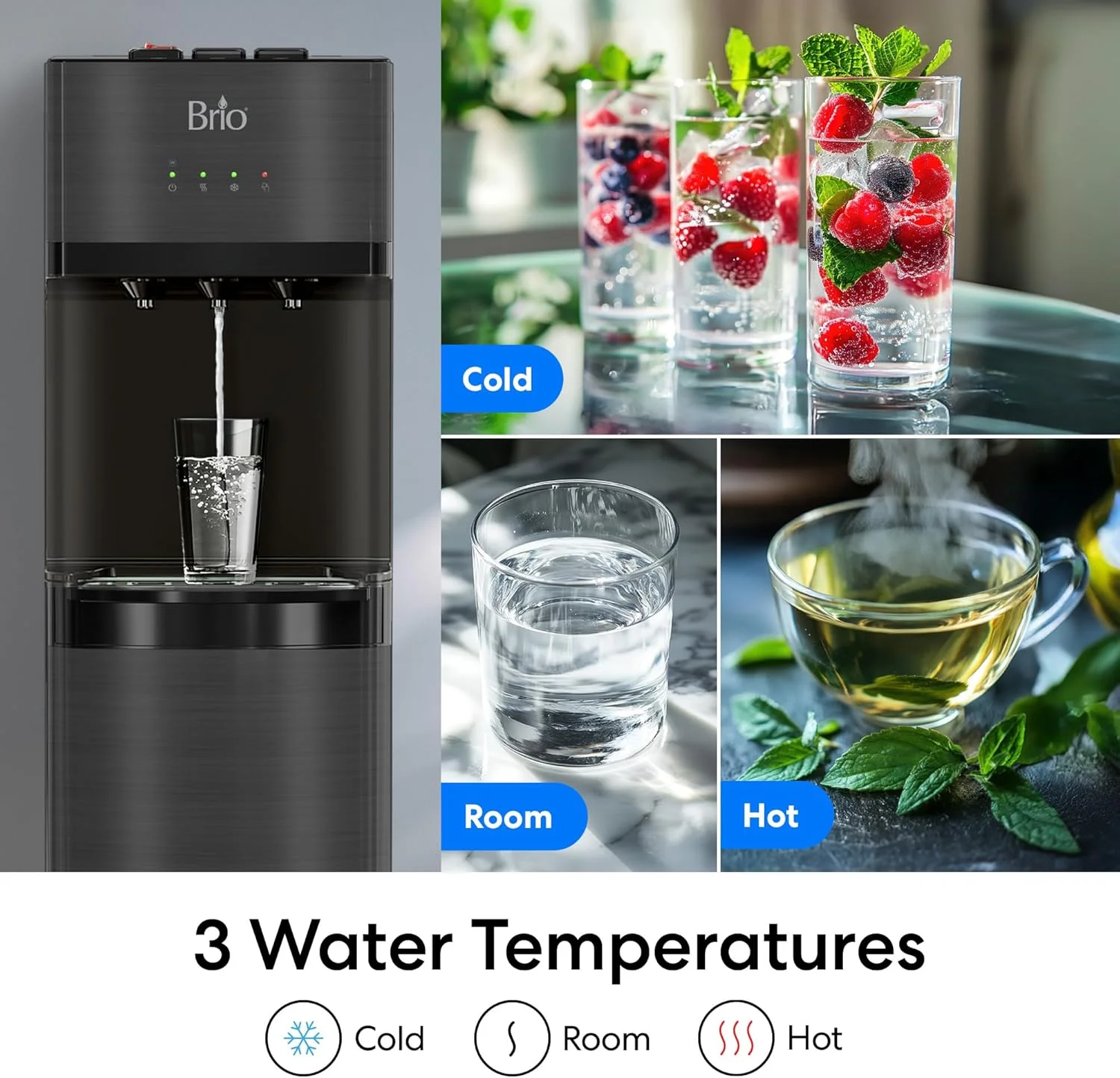 Brio Self Cleaning Bottom Loading Water Cooler Water Dispenser Black Stainless Steel 3 Temperature Settings Hot, Room & Cold Water UL/Energy Star Approved, CLBL520SCBLK