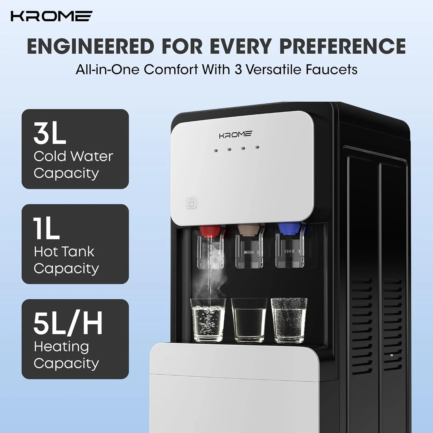 KROME Bottom-Loading Water Dispenser, Hot, Cold & Warm Water, Child Safety Lock, Stainless Steel Tanks, 3L Cooling & 5L Heating Capacity, LED Indicators, KR-WDBL1003TSP