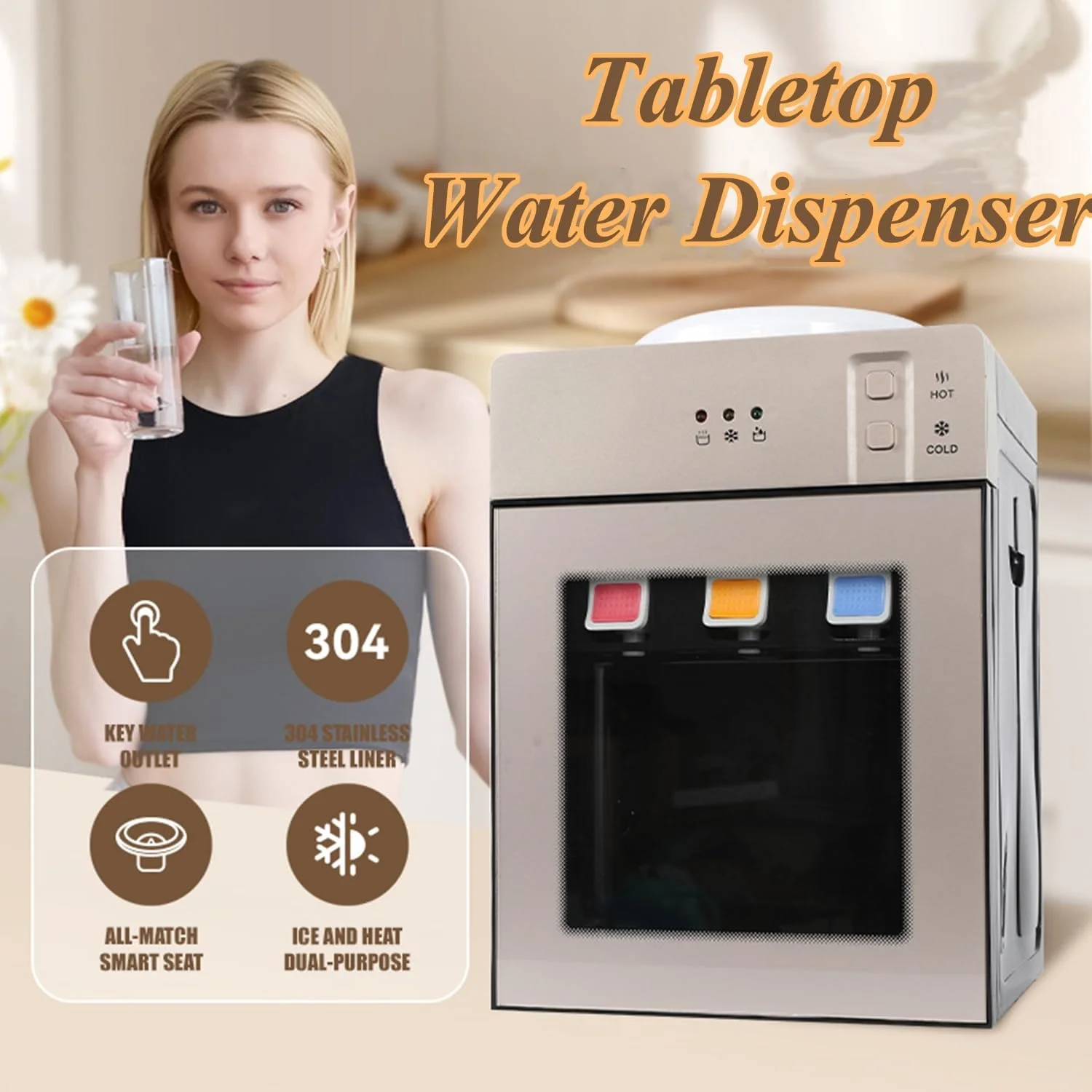 آبسردکن رومیزی Beauenty، مناسب برای بطری های 3 یا 5 گالن، آبسردکن با بارگیری از بالا، دارای 3 تنظیمات دما آب سرد و گرم، مناسب برای خانه، دفتر، خوابگاه (طلایی) آبسردکن رومیزی Beauenty، مناسب برای بطری های 3 یا 5 گالن، آبسردکن با بارگیری از بالا، دارای 3 تنظیمات دما آب سرد و گرم، مناسب برای خانه، دفتر، خوابگاه (طلایی)