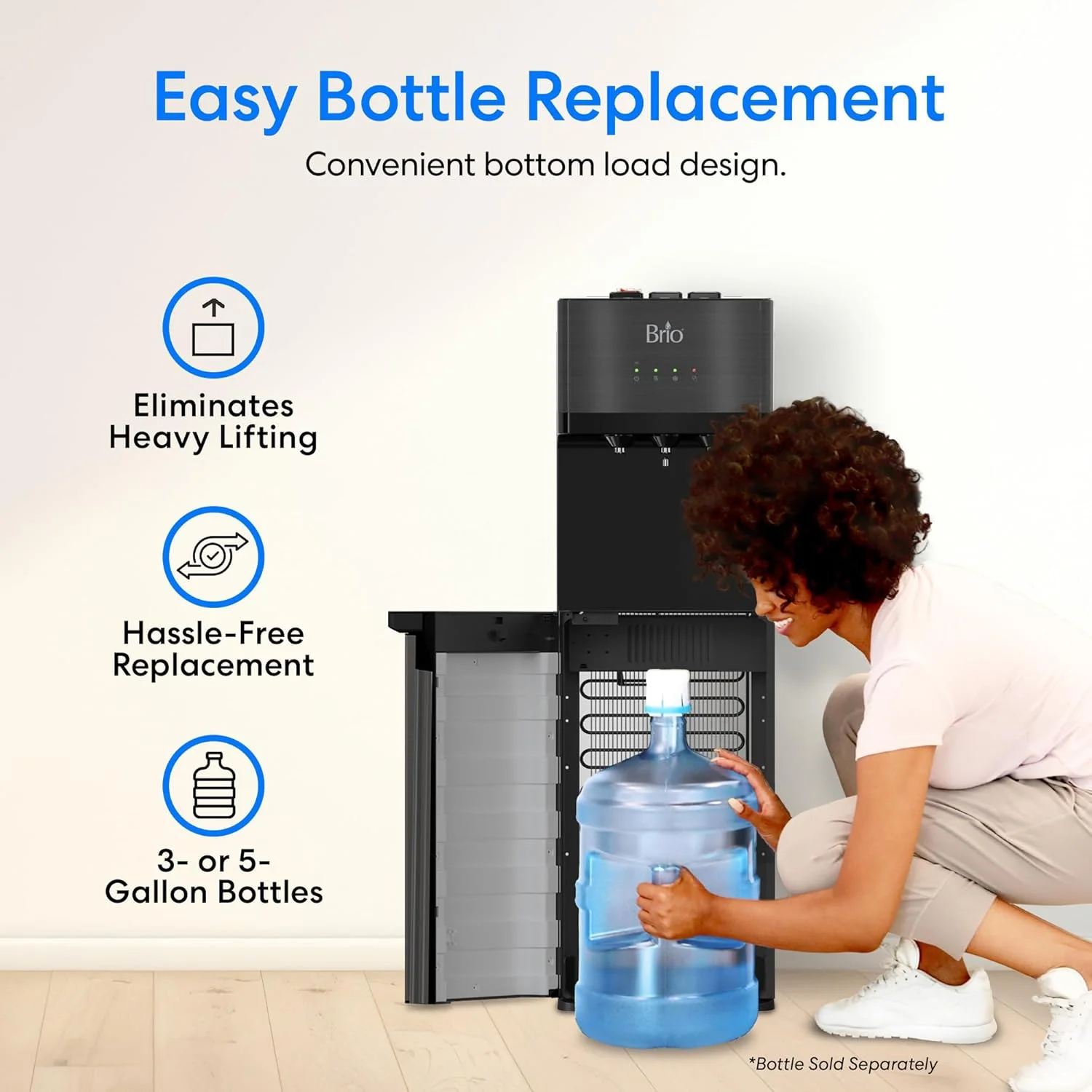 Brio Self Cleaning Bottom Loading Water Cooler Water Dispenser Black Stainless Steel 3 Temperature Settings Hot, Room & Cold Water UL/Energy Star Approved, CLBL520SCBLK