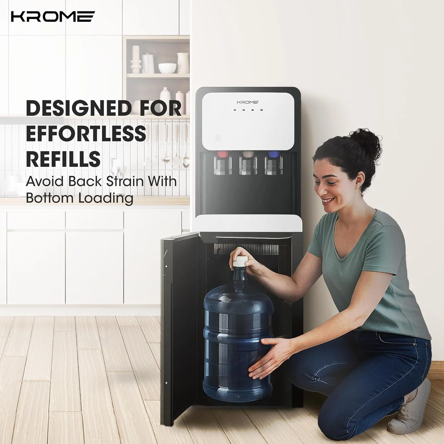 KROME Bottom-Loading Water Dispenser, Hot, Cold & Warm Water, Child Safety Lock, Stainless Steel Tanks, 3L Cooling & 5L Heating Capacity, LED Indicators, KR-WDBL1003TSP