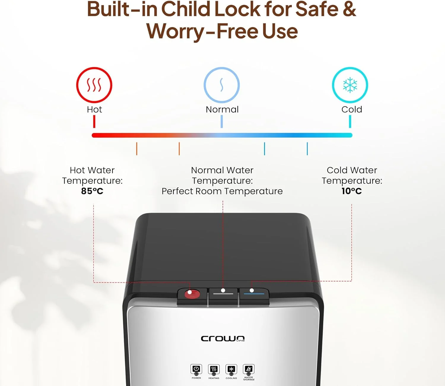 آبسردکن ایستاده تاج با بارگیری از پایین | ظرفیت 5 گالن (18.9 لیتر) | آب گرم، سرد و معمولی | دارای قفل ایمنی کودک | مناسب برای خانه، دفتر کار | مدل WD-406 آبسردکن ایستاده تاج با بارگیری از پایین | ظرفیت 5 گالن (18.9 لیتر) | آب گرم، سرد و معمولی | دارای قفل ایمنی کودک | مناسب برای خانه، دفتر کار | مدل WD-406