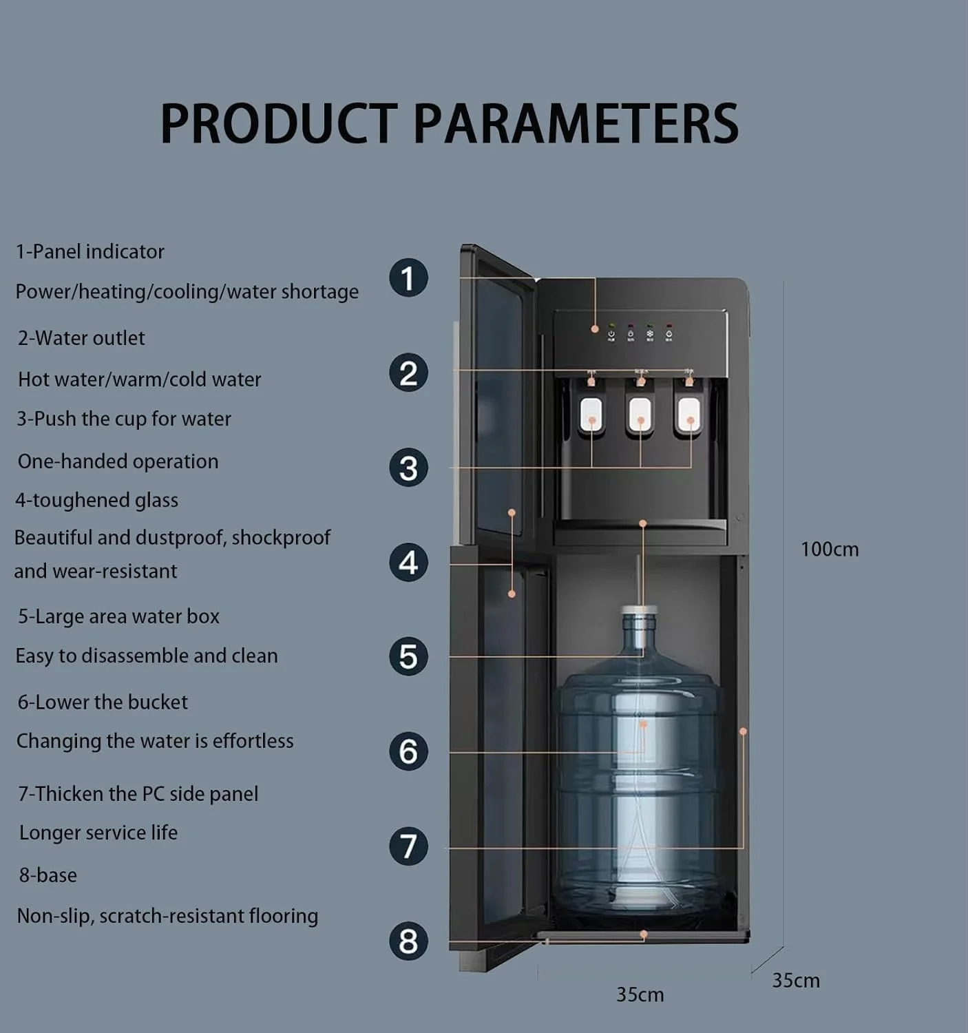 آبسردکن ایستاده بیفی با بارگیری از پایین، آب سرد 6-8 درجه سانتیگراد، کمپرسور خنک کننده با دمای گرم و نرمال، دارای 3 خروجی دما، مناسب برای بطری های 3 و 5 گالنی، برای خانه، دفتر، اتاق نشیمن آبسردکن ایستاده بیفی با بارگیری از پایین، آب سرد 6-8 درجه سانتیگراد، کمپرسور خنک کننده با دمای گرم و نرمال، دارای 3 خروجی دما، مناسب برای بطری های 3 و 5 گالنی، برای خانه، دفتر، اتاق نشیمن