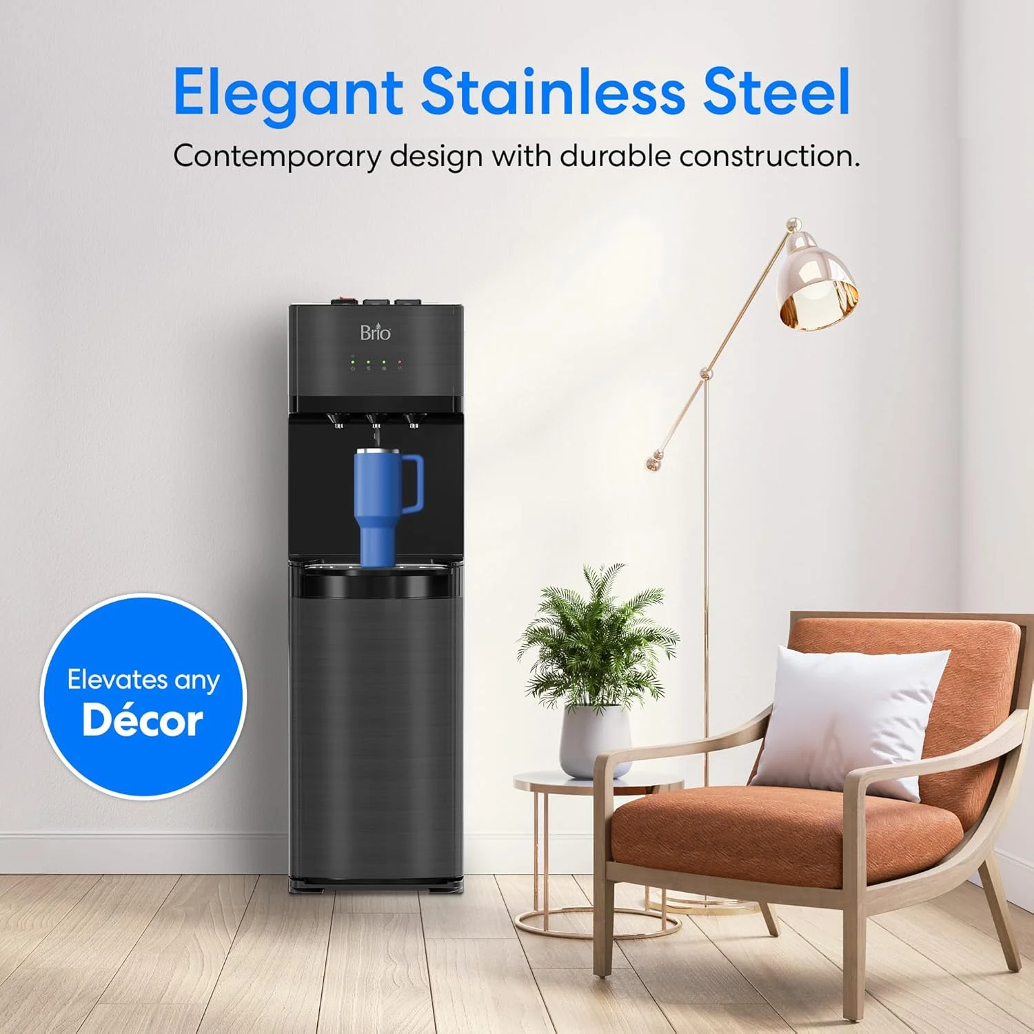 Brio Self Cleaning Bottom Loading Water Cooler Water Dispenser Black Stainless Steel 3 Temperature Settings Hot, Room & Cold Water UL/Energy Star Approved, CLBL520SCBLK