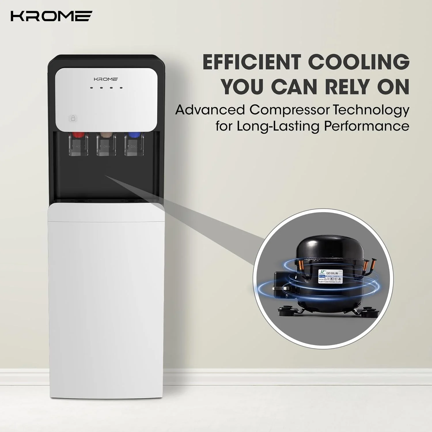 KROME Bottom-Loading Water Dispenser, Hot, Cold & Warm Water, Child Safety Lock, Stainless Steel Tanks, 3L Cooling & 5L Heating Capacity, LED Indicators, KR-WDBL1003TSP