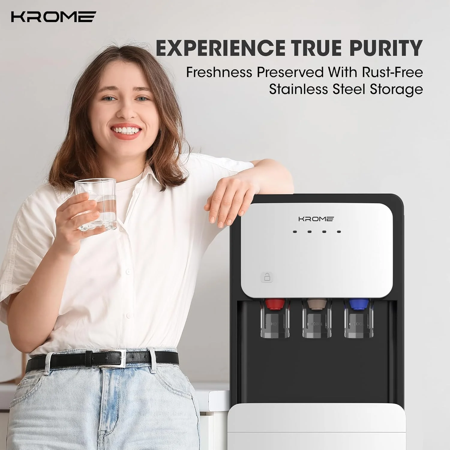 KROME Bottom-Loading Water Dispenser, Hot, Cold & Warm Water, Child Safety Lock, Stainless Steel Tanks, 3L Cooling & 5L Heating Capacity, LED Indicators, KR-WDBL1003TSP