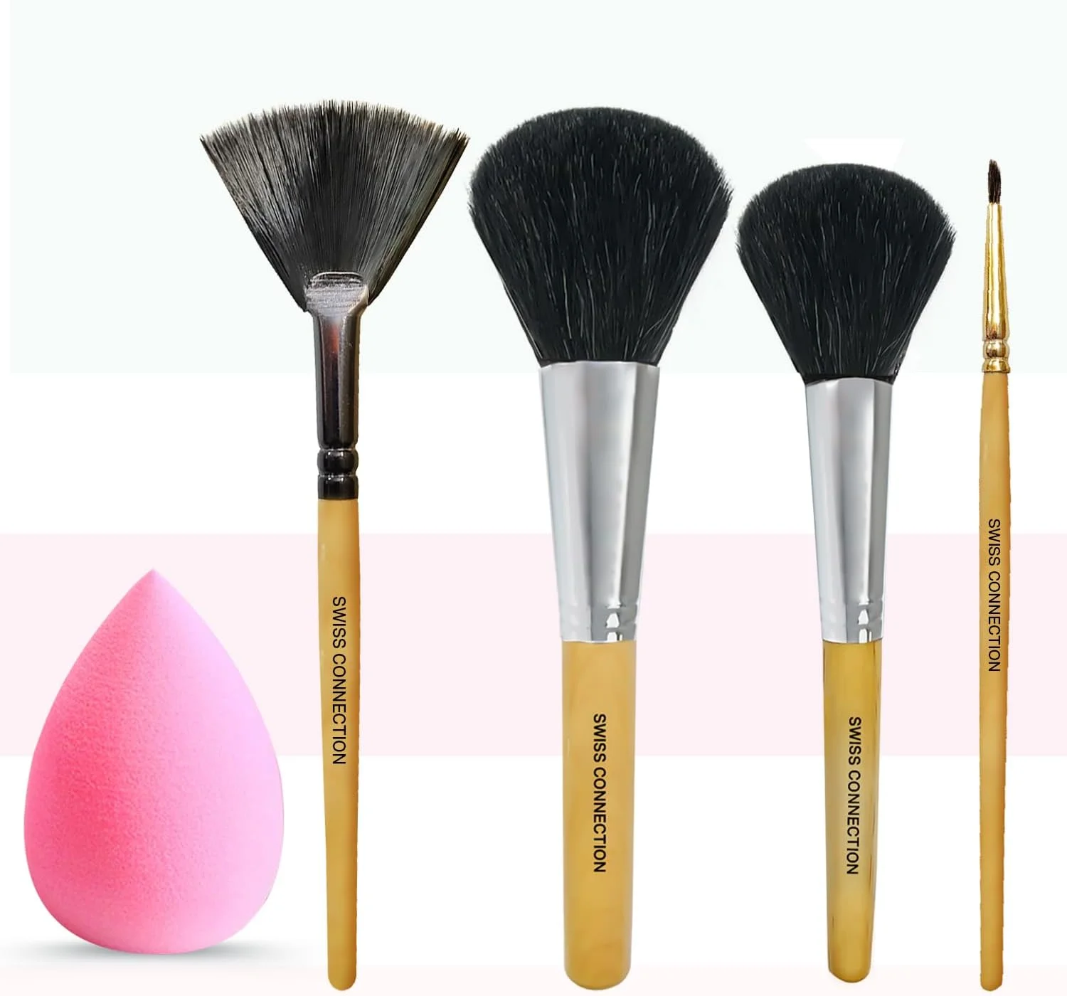 ست براش آرایشی SWISS CONNECTION با اسفنج، براش های آرایشی حرفه ای و با کیفیت عالی، شامل براش های کرم پودر، پودر، ترکیب کننده، کانسیلر، سایه چشم، براش بادبزنی و براش خط لب (بسته 5 عددی)