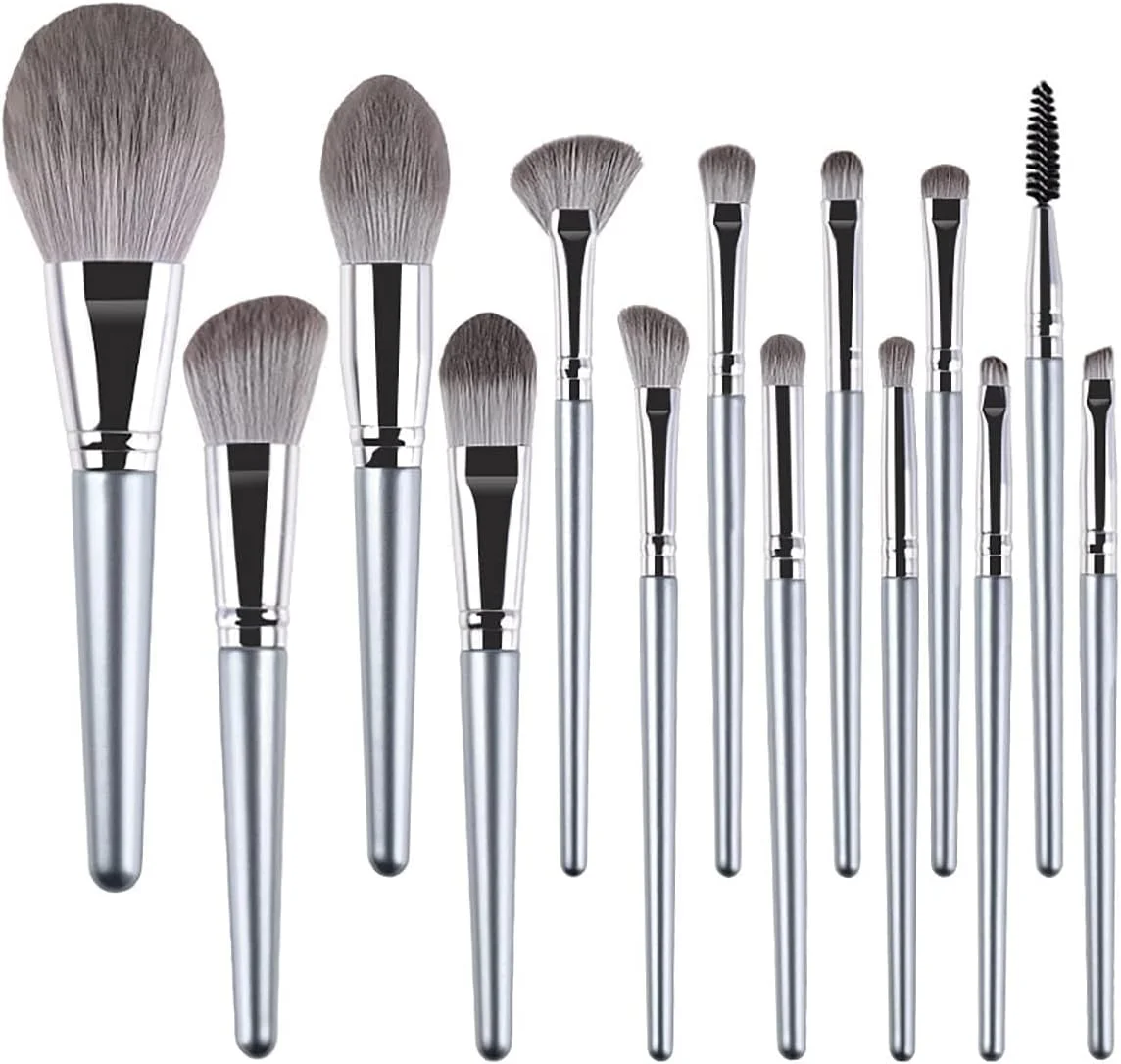 ست برس آرایشی SWIUKPHE شامل 14 برس با دسته چوبی حرفه ای، موهای مصنوعی با کیفیت عالی برای کانتور، کانسیلر، کرم پودر، ترکیب، پودر صورت، سایه چشم به همراه کیف چرمی PU