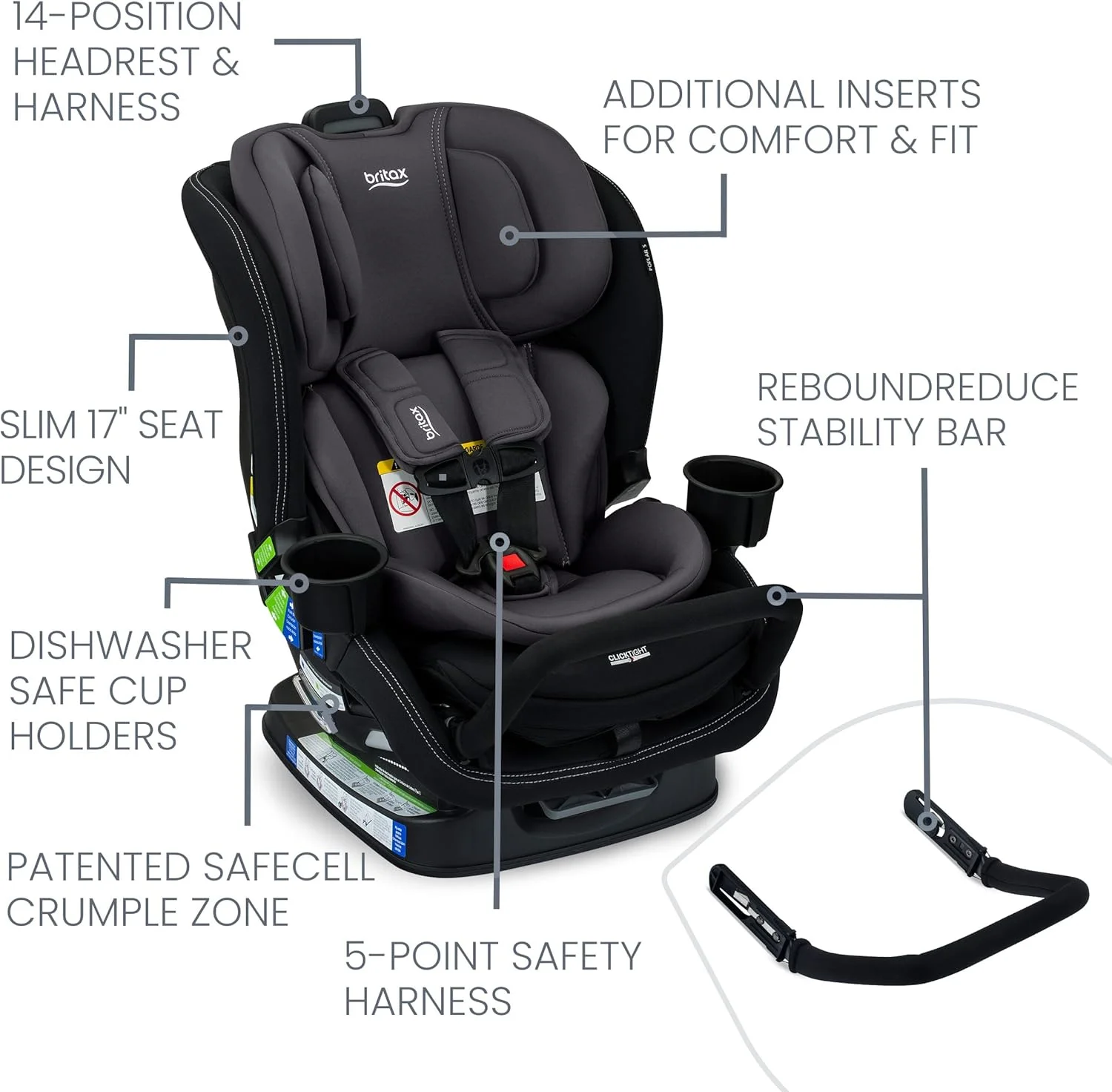 صندلی خودروی تبدیلشونده Britax Poplar S، صندلی خودروی 2 در 1 با طراحی باریک 17 اینچی، فناوری ClickTight، رنگ Stone Onyx صندلی خودروی تبدیلشونده Britax Poplar S، صندلی خودروی 2 در 1 با طراحی باریک 17 اینچی، فناوری ClickTight، رنگ Stone Onyx