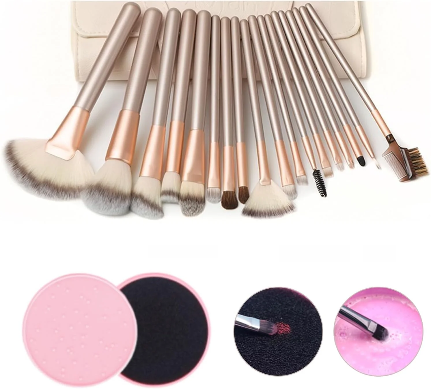 ست برس آرایشی حرفه ای 18 تکه SUSOO به همراه جعبه تمیز کننده و کیف نگهداری، کیت برس آرایشی مصنوعی ممتاز برای کرم پودر، سایه چشم، کانسیلر، رژگونه و پودر، مناسب برای مبتدیان و خانم ها