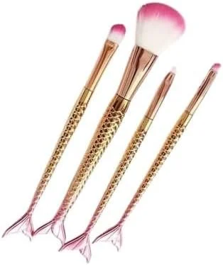 ست براش آرایشی پری دریایی SUTLEJ، ست 4 عددی براش های آرایشی حرفه ای، دسته رنگین کمانی متالیک گرادیانی با طراحی دم ماهی (زرد)