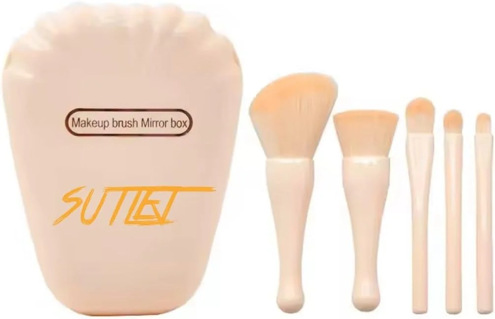 ست برس آرایشی قابل حمل ساتلج، 5 تکه، موی مصنوعی با آینه، برای سایه چشم، کانسیلر، کرم پودر (بژ، اندازه مسافرتی)