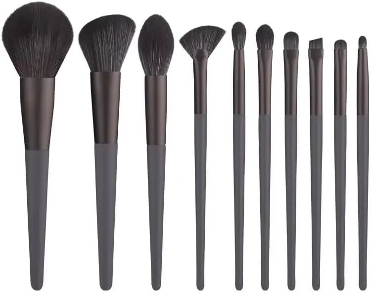 ست برس آرایشی 10 تکه لوکس SUTLEJ، برس های آرایشی دسته چوبی وگان لوکس برای تمام مصارف (خاکستری، معمولی)