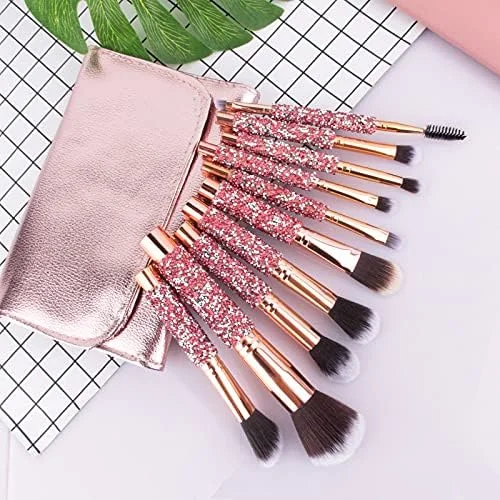 ست برس آرایشی فانتزی استانهاب، شامل برس کرم پودر، سایه چشم، ست برس آرایشی تک شاخ، 10 عدد برس با موهای رنگارنگ و دسته های الماسی شکل تک شاخ همراه با کیف (بسته 10 عددی)