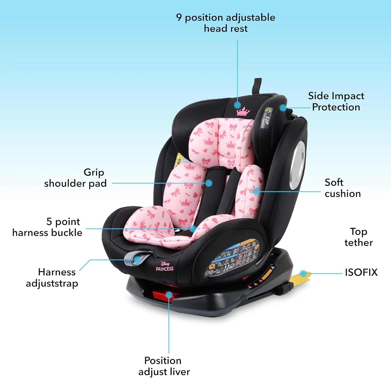 صندلی ماشین کودک/بچه گانه دیزنی پرنسس 4 در 1 با چرخش 360 درجه و قابلیت تنظیم 4 حالته، دارای سیستم ISOFIX و محافظت از ضربه جانبی، مناسب برای نوزادان 0 ماهه تا 12 ساله، گروه 0+/1/2/3، تا 36 کیلوگرم (محصول رسمی دیزنی)