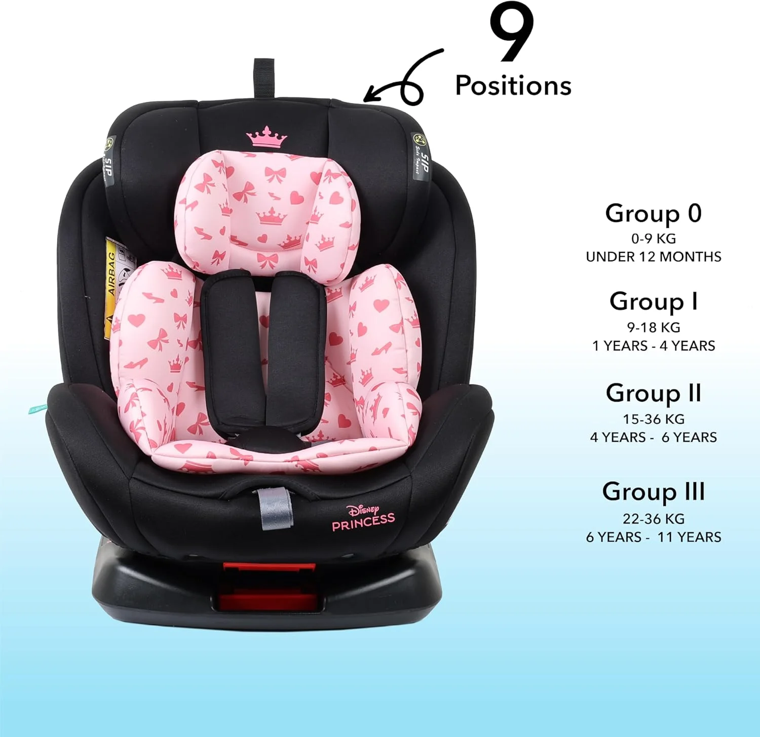 صندلی ماشین کودک/بچه گانه دیزنی پرنسس 4 در 1 با چرخش 360 درجه و قابلیت تنظیم 4 حالته، دارای سیستم ISOFIX و محافظت از ضربه جانبی، مناسب برای نوزادان 0 ماهه تا 12 ساله، گروه 0+/1/2/3، تا 36 کیلوگرم (محصول رسمی دیزنی)