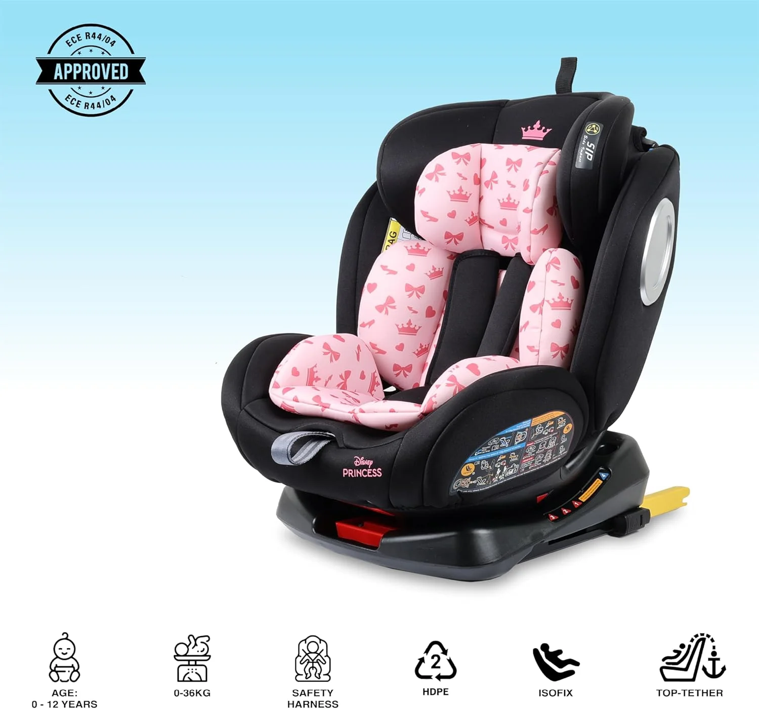 صندلی ماشین کودک/بچه گانه دیزنی پرنسس 4 در 1 با چرخش 360 درجه و قابلیت تنظیم 4 حالته، دارای سیستم ISOFIX و محافظت از ضربه جانبی، مناسب برای نوزادان 0 ماهه تا 12 ساله، گروه 0+/1/2/3، تا 36 کیلوگرم (محصول رسمی دیزنی)